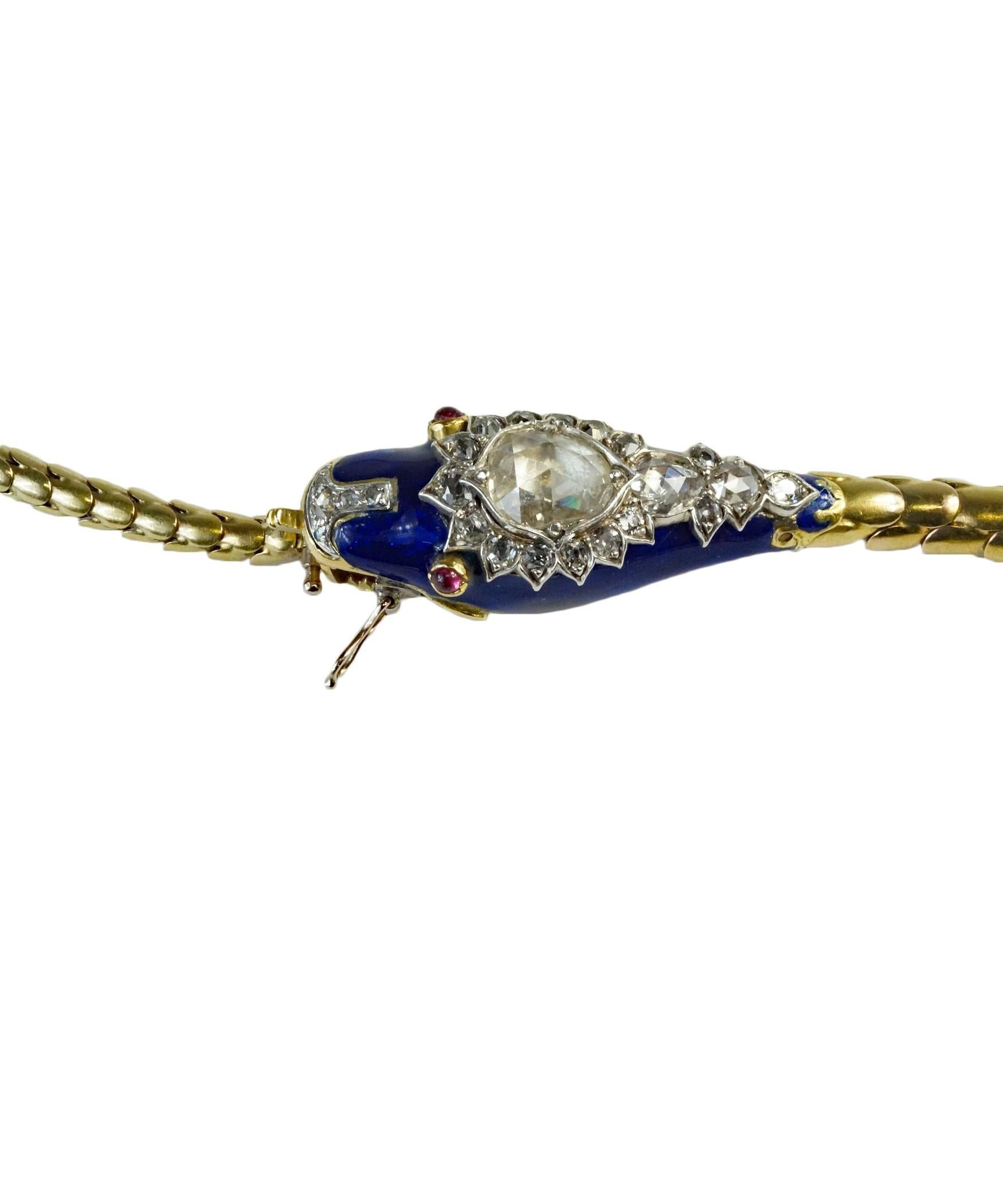 Victorian Blue Enamel Diamonds Snake Necklace Bracelet   For Sale 3