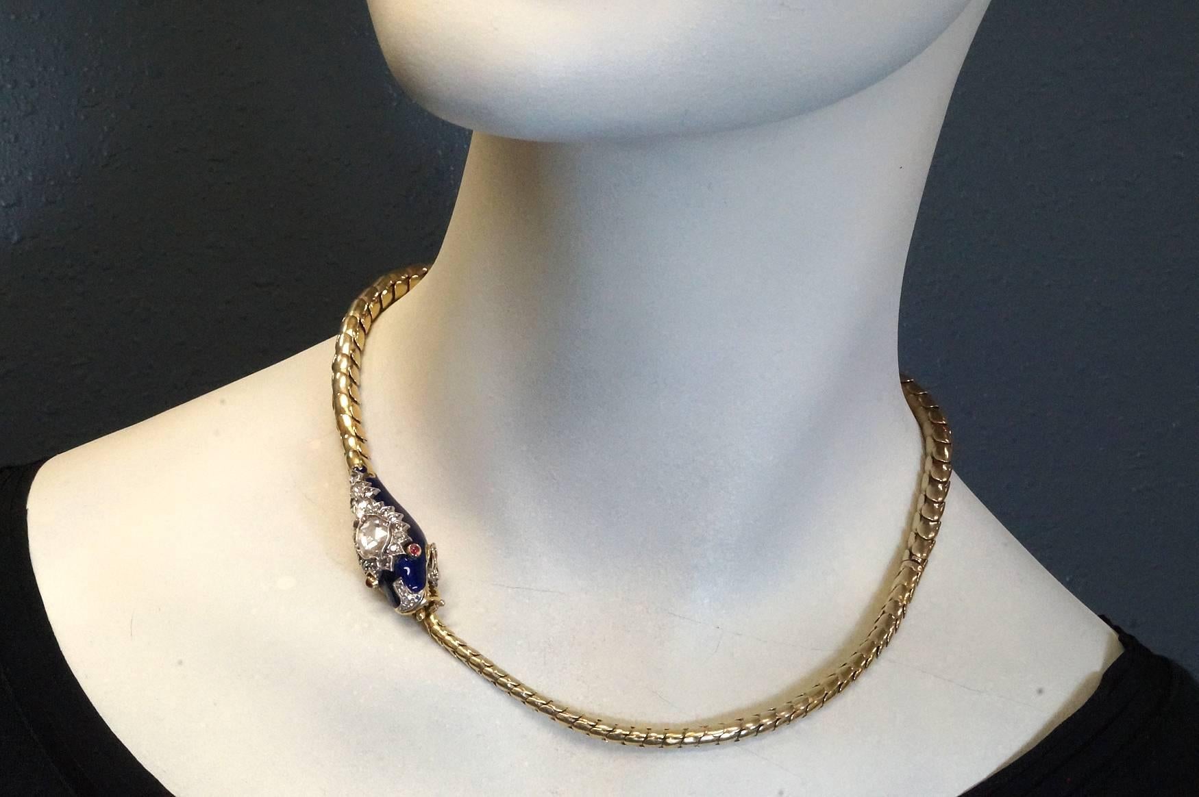 Victorian Blue Enamel Diamonds Snake Necklace Bracelet   For Sale 6