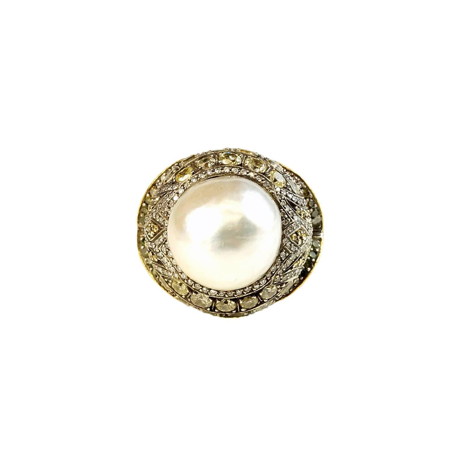 Byzantine Sevan Pearl and Cognac Diamond Ring For Sale