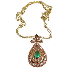 Antique Emerald Diamond Gold Pendant