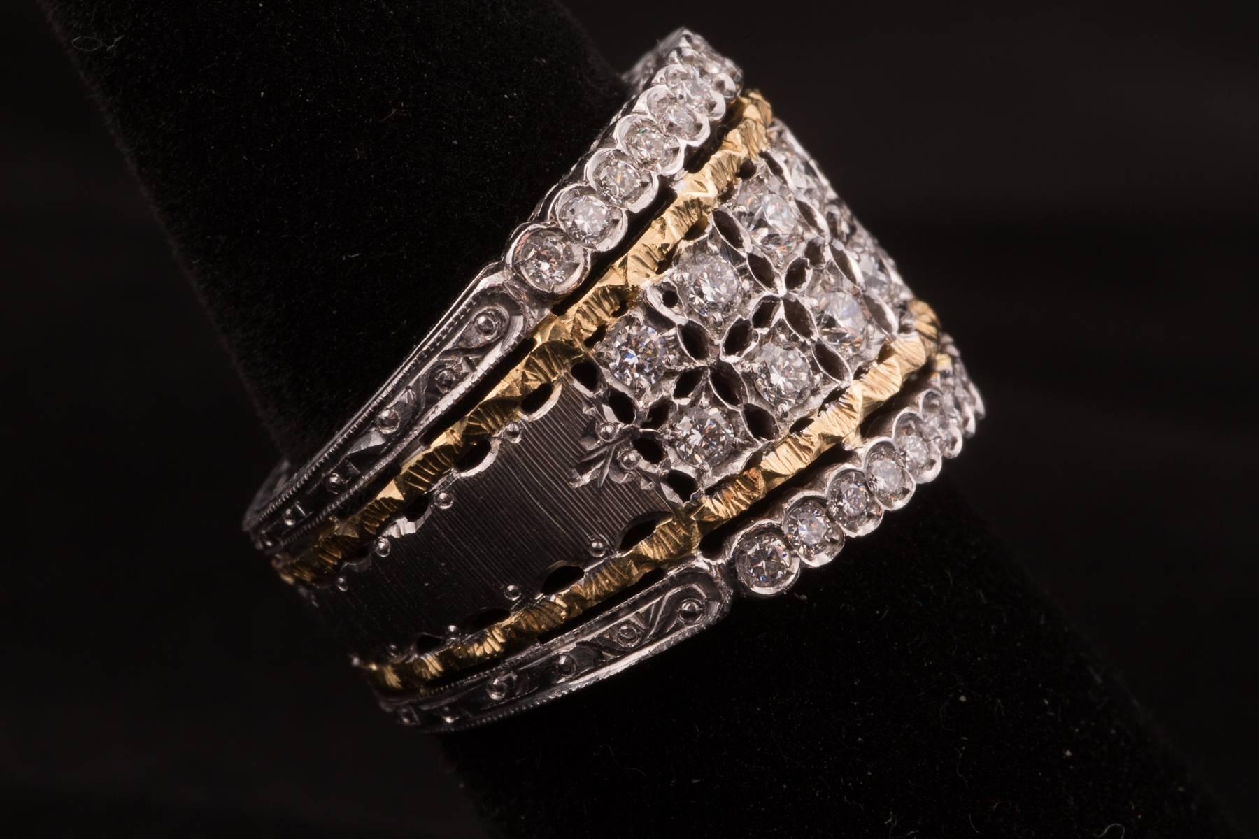 Mario Buccellati Ring containing 1.40 carats Diamonds set in 18K White and Yellow Gold
Size 7