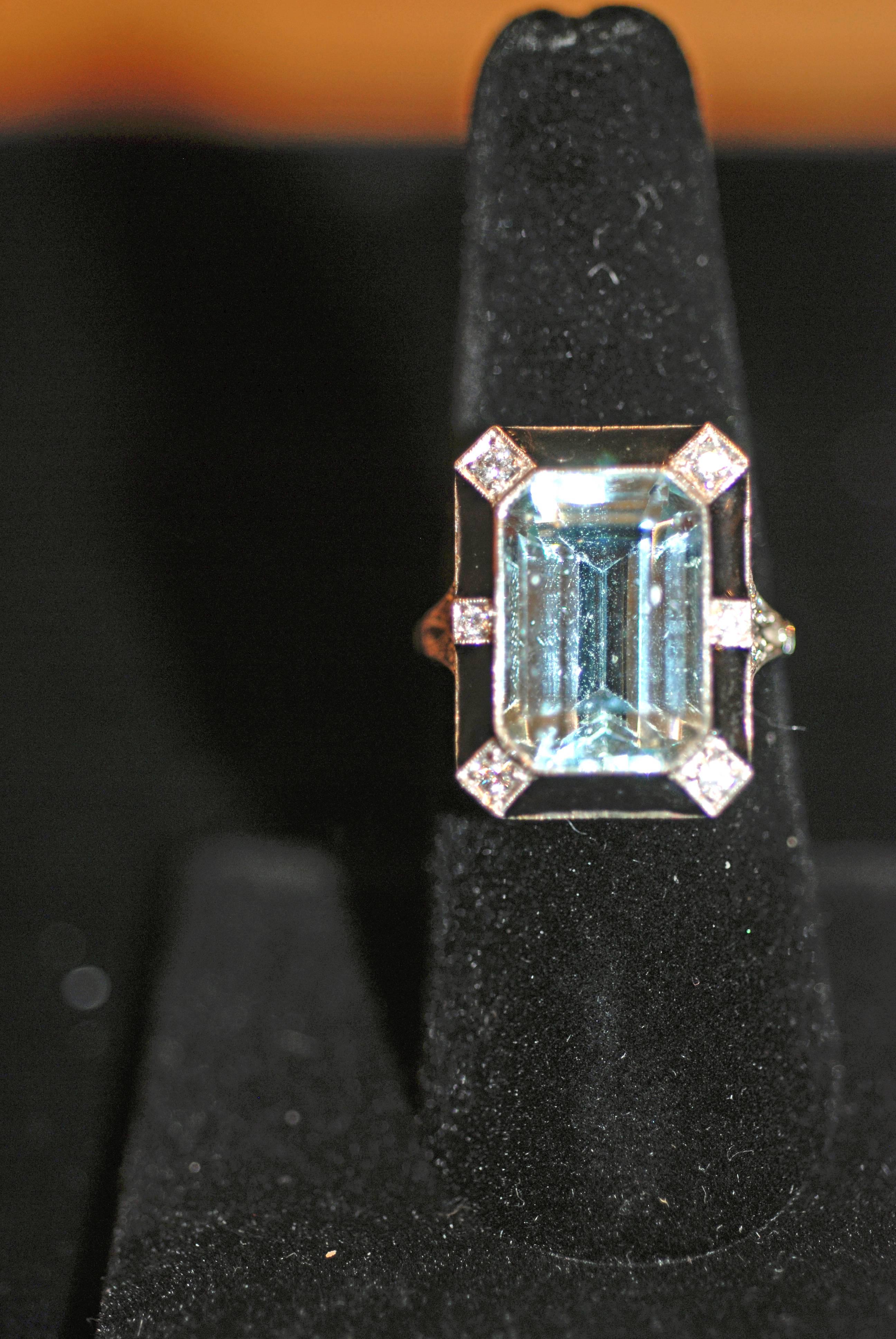 Art Deco Art deco Aquamarine.Onyx and Diamond Ring