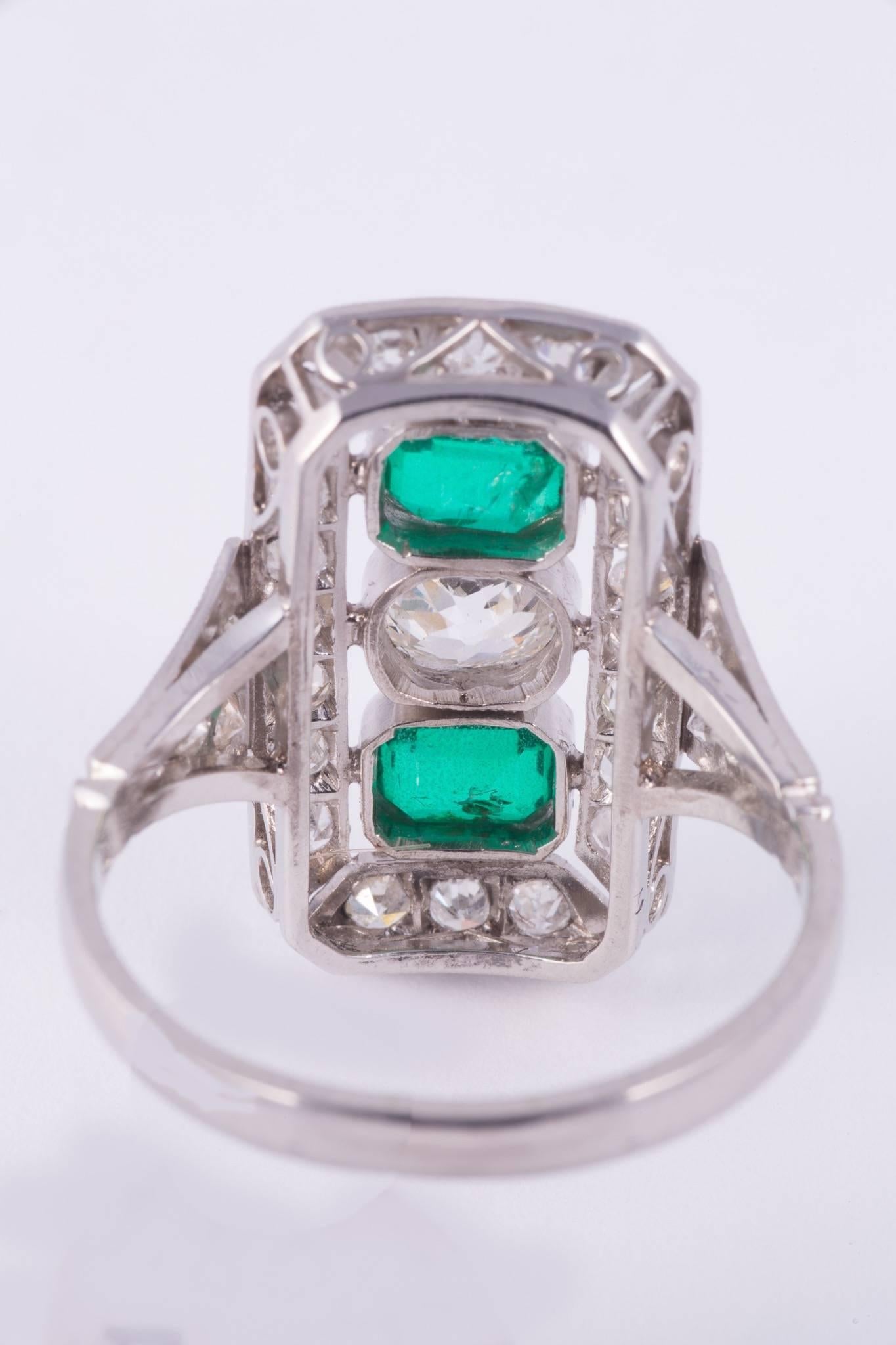  Art Deco Emerald and Diamond Cocktail Ring  In Excellent Condition In New Orleans, LA