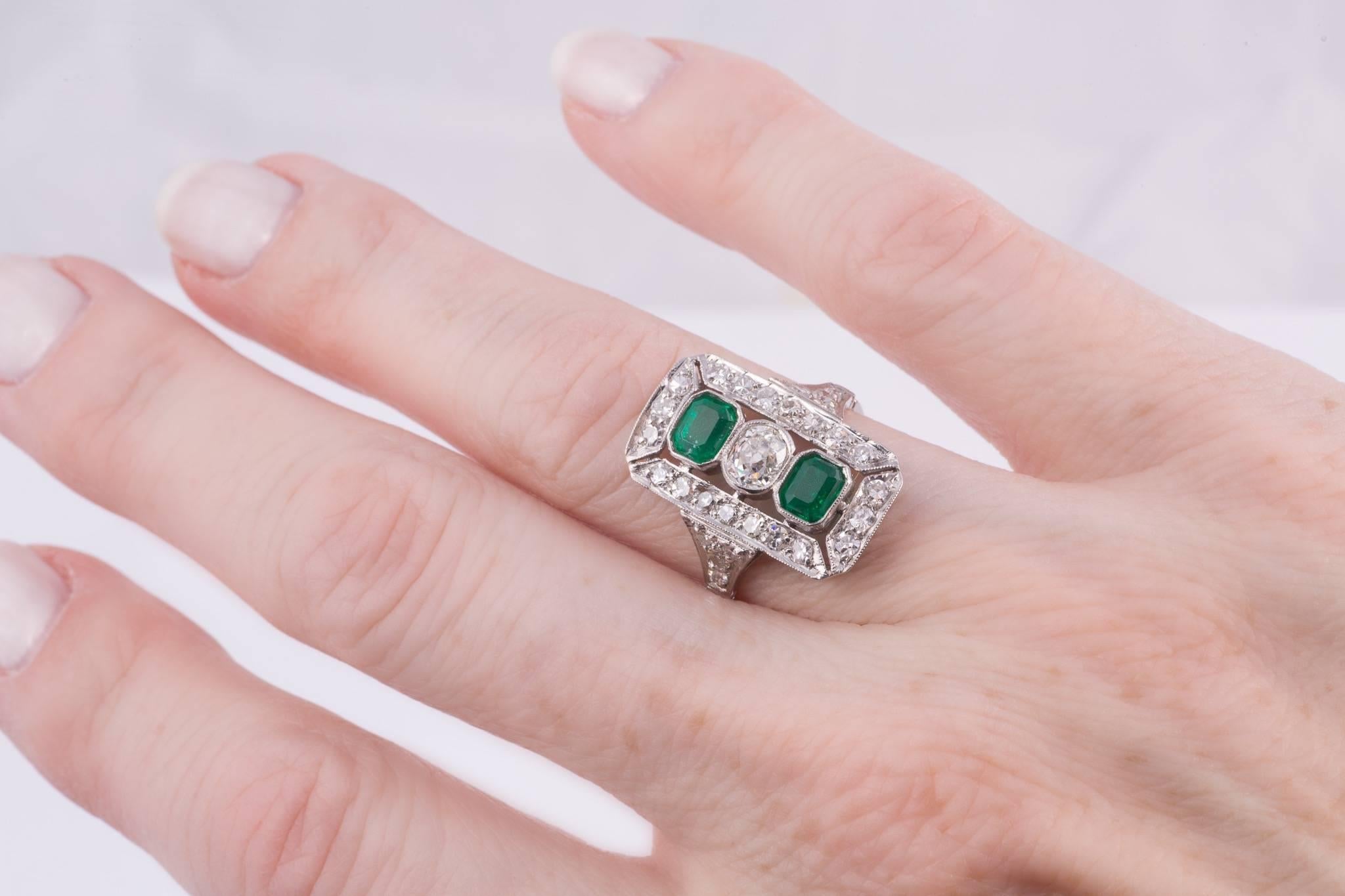 Women's or Men's  Art Deco Emerald and Diamond Cocktail Ring 