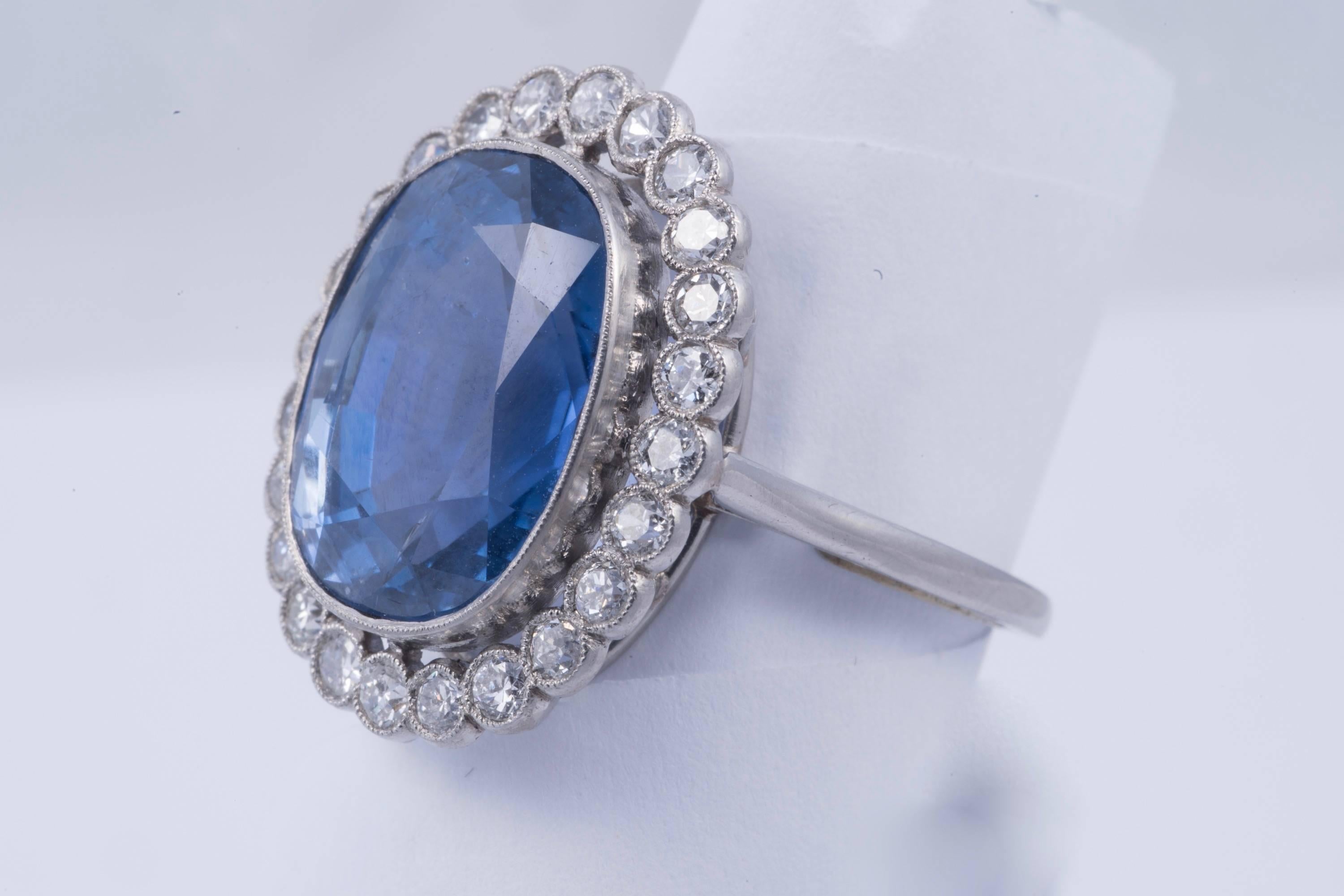 Art Deco 12.41ct Natural Blue Sapphire and Diamond Ring