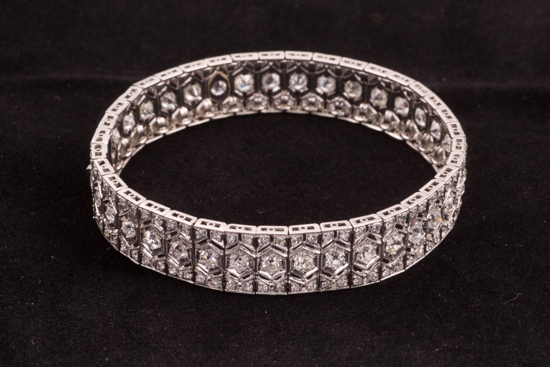 Period Art Deco diamond bracelet with approximately 10.00cts of G-H color, VS-SI1 clarity, large european and smaller single cut diamonds. Circa. 1925.