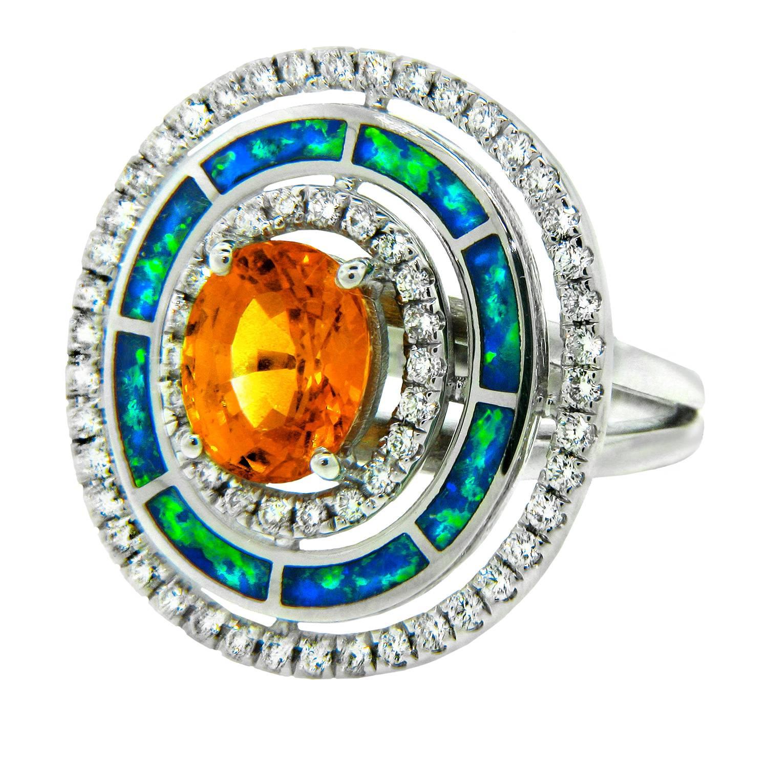 New White Gold Yellow Sapphire Australian Opal Diamond Cocktail Ring For Sale