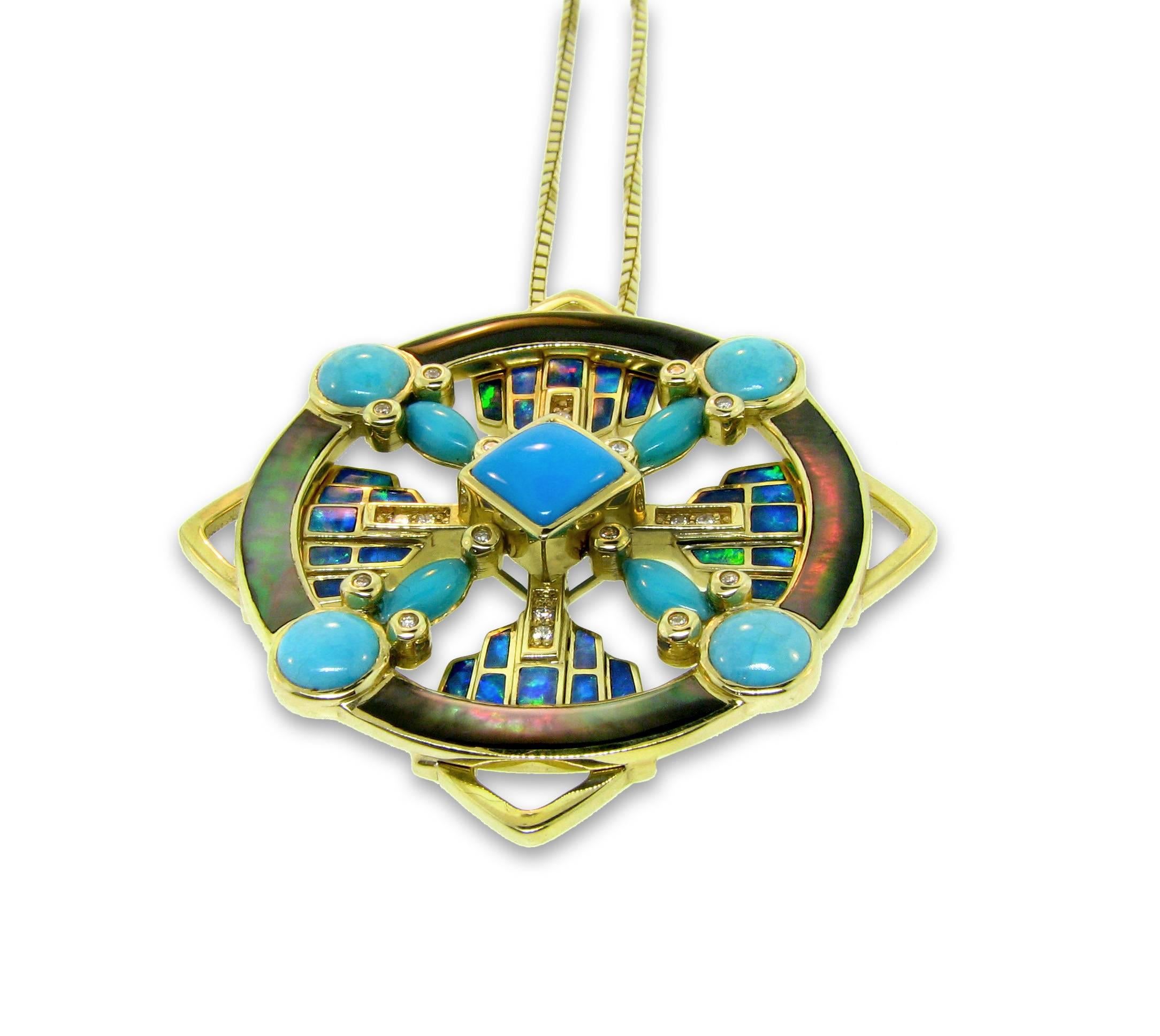 This 14kt gold Elemental mandala pendant designed by Santa Fe based artist, and international jewelry design award winner Jonathan Duran. 

The modern geometric design of this pendant creates a very unique look while the mandala-style shape inspires