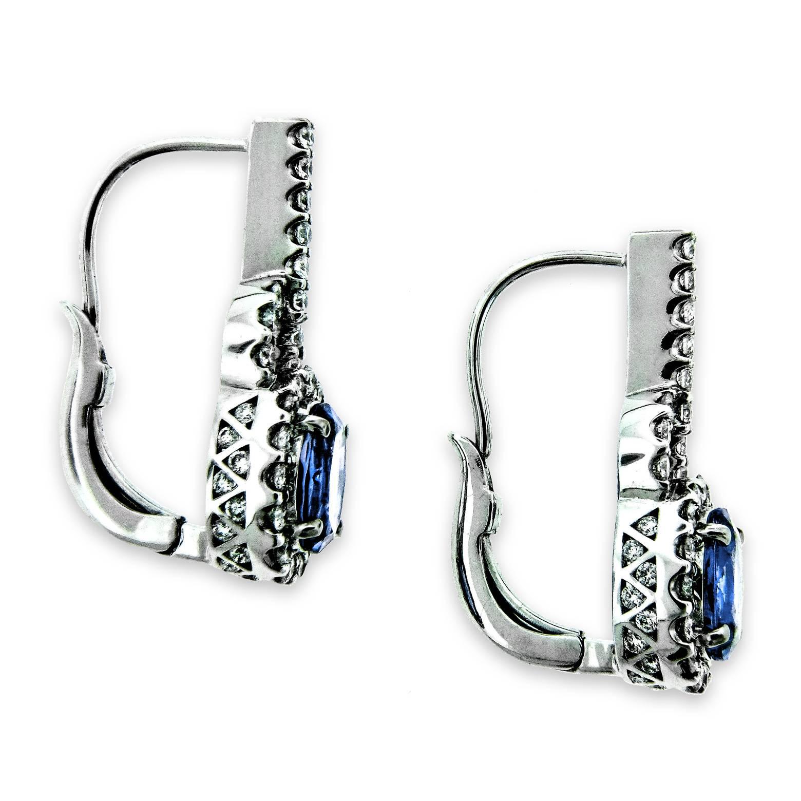 Edwardian 2.86 Carat Blue Tanzanite White Diamonds White Gold Leverback Earrings For Sale