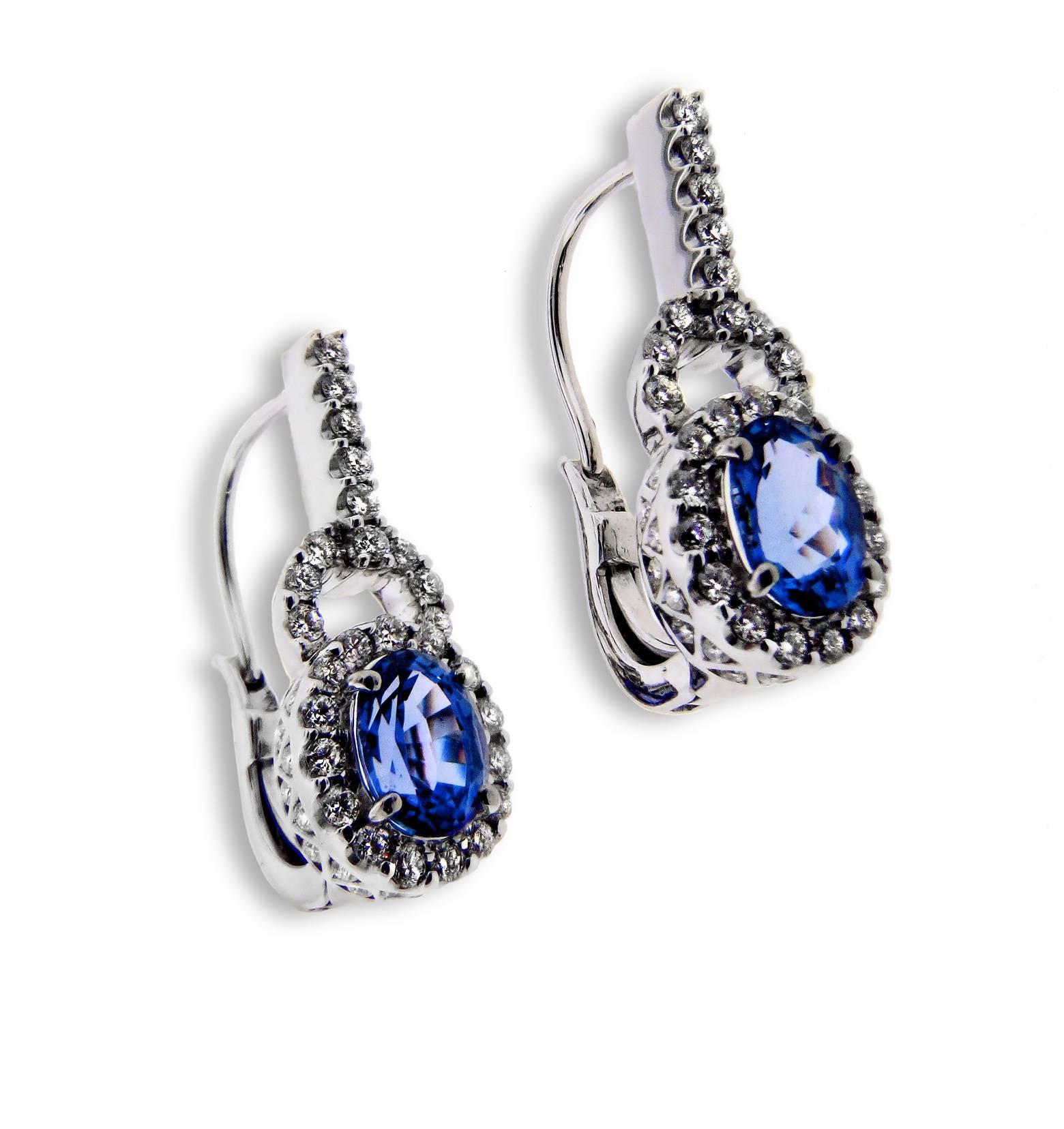 2.86 Carat Blue Tanzanite White Diamonds White Gold Leverback Earrings For Sale 2