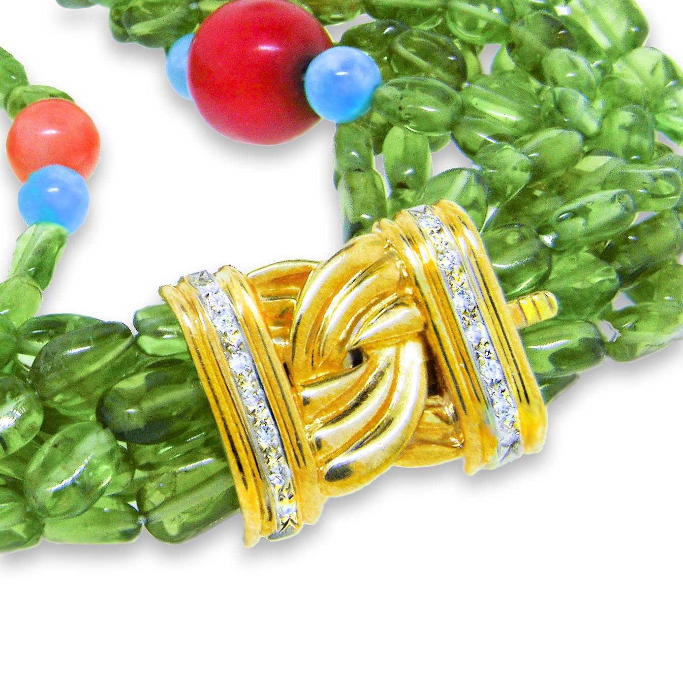 Contemporary Danuta Multi-Strand Peridot Coral Citrine Turquoise Diamond Gold Necklace For Sale