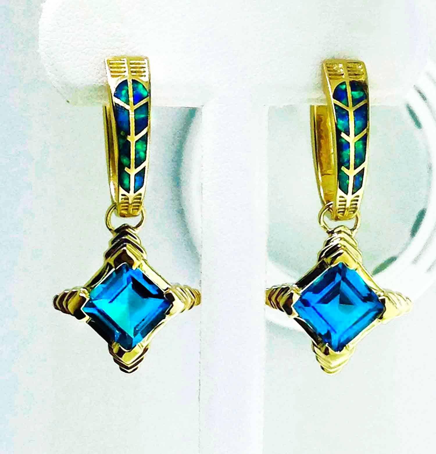 Women's Australian Opal Blue Topaz Gold Hawk Feather Motif Earrings For Sale