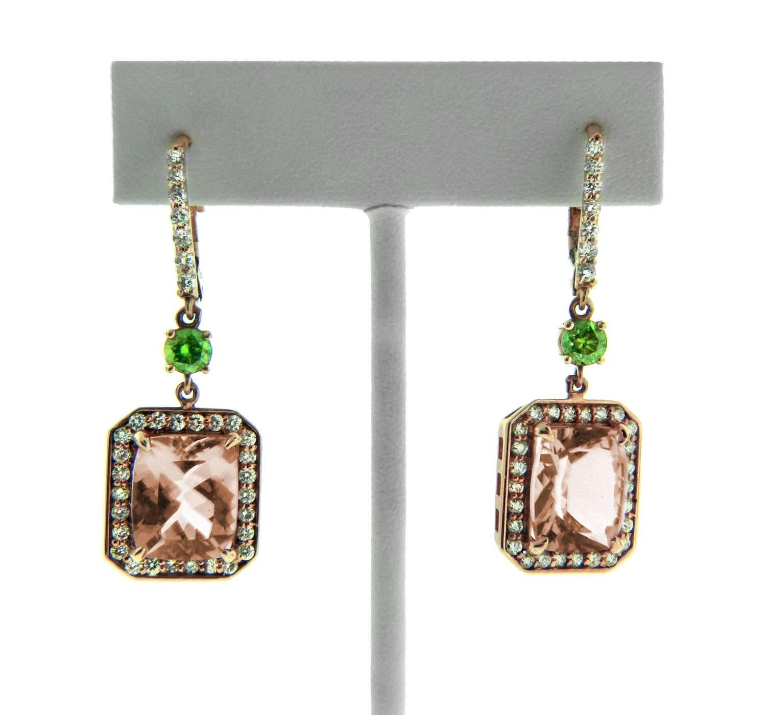 Danuta 10.20 Carat Morganite Green Diamond White Diamond Rose Gold Earrings For Sale 1