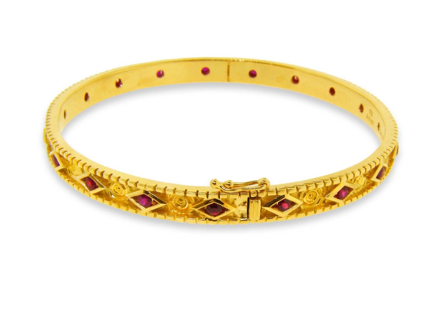 What a perfectly versatile bracelet by Santa Fe based designer Danuta. This 18 karat yellow gold bangle can be worn casually while shopping around town, or can be dressed up and compliment a little black dress. 

0.95 Total weight of stunning rubies