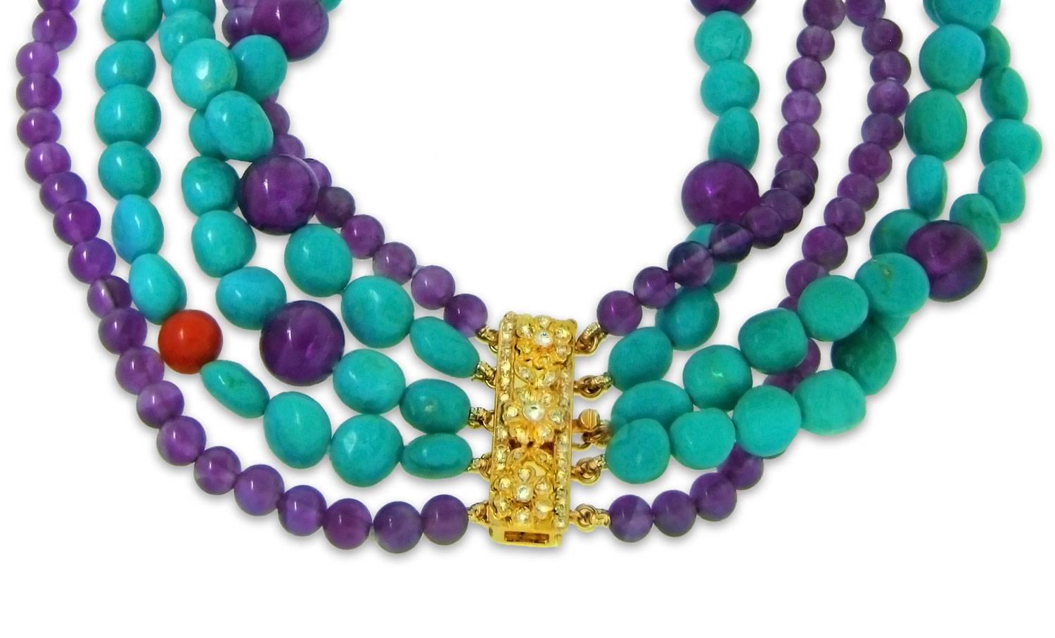 Contemporary Multi Strand Turquoise Amethyst Coral Bead Diamond Gold Necklace For Sale