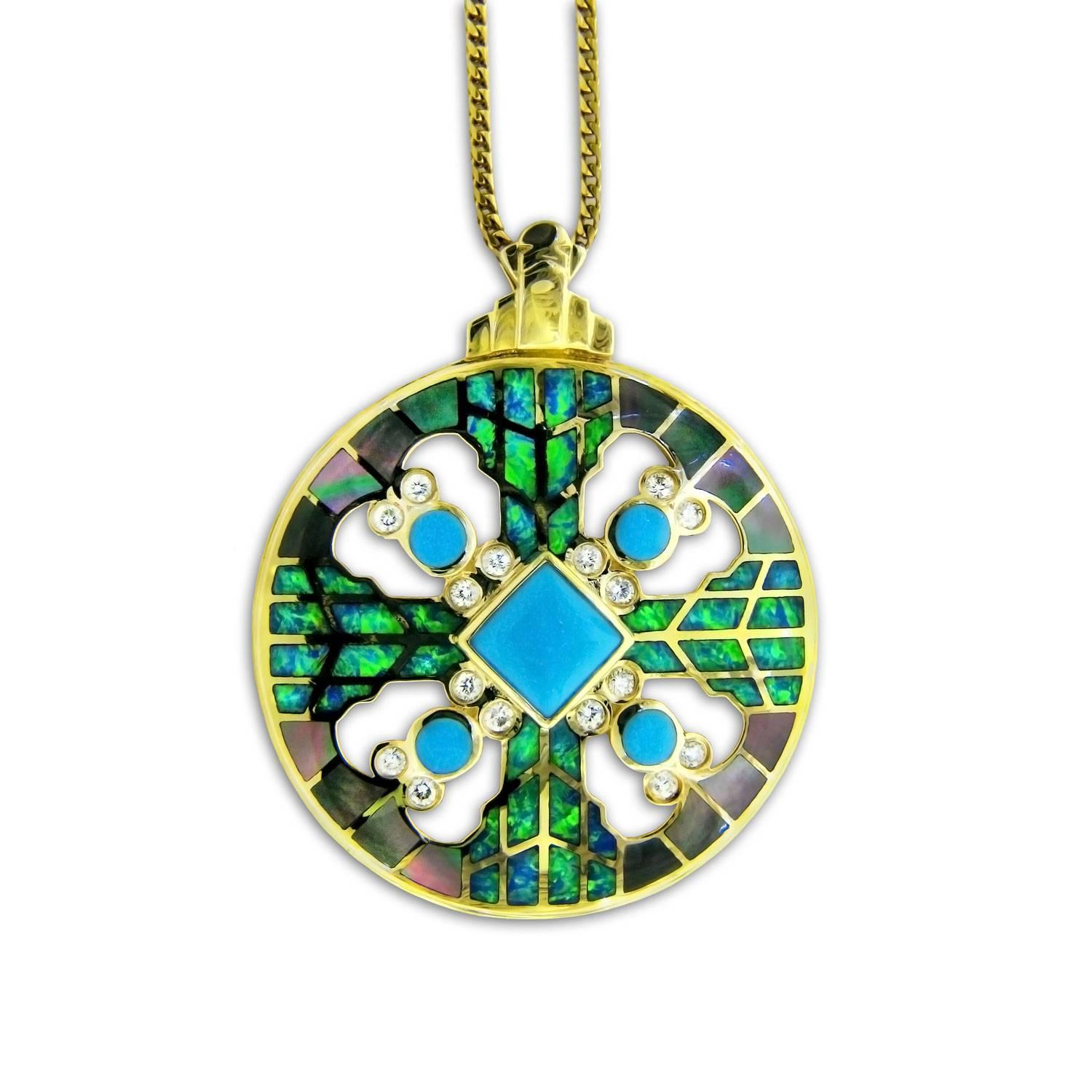 This gorgeously designed 14 karat yellow gold Mandala-style pendant is made with shockingly bright precious Australian Opal inlay (14.1ct), reminicent of a Celtic cross design. Award-winning designer Jonathan Duran created this pendant to be a