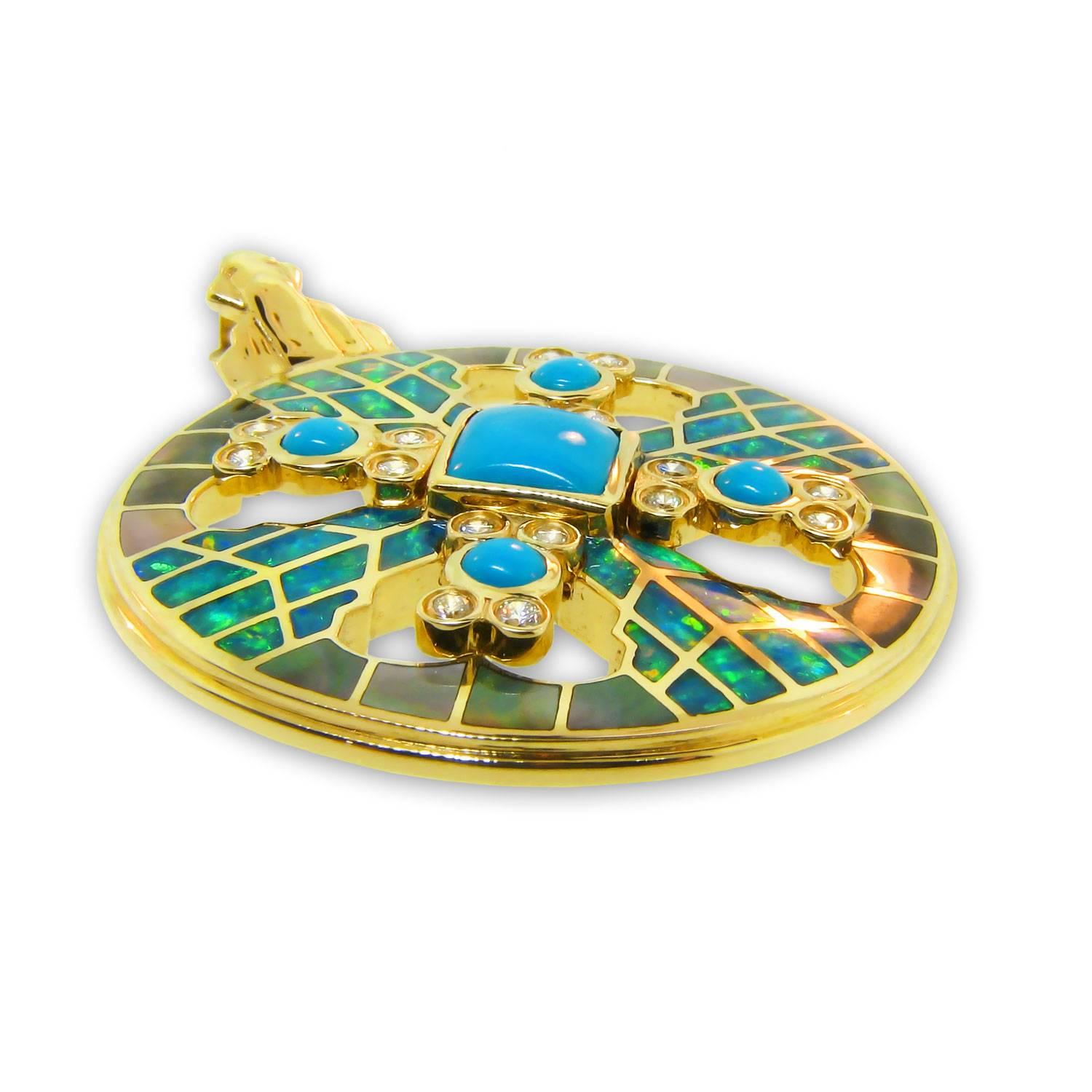 Contemporary Australian Opal Sleeping Beauty Turquoise Mandala Pendant 14 karat Gold For Sale