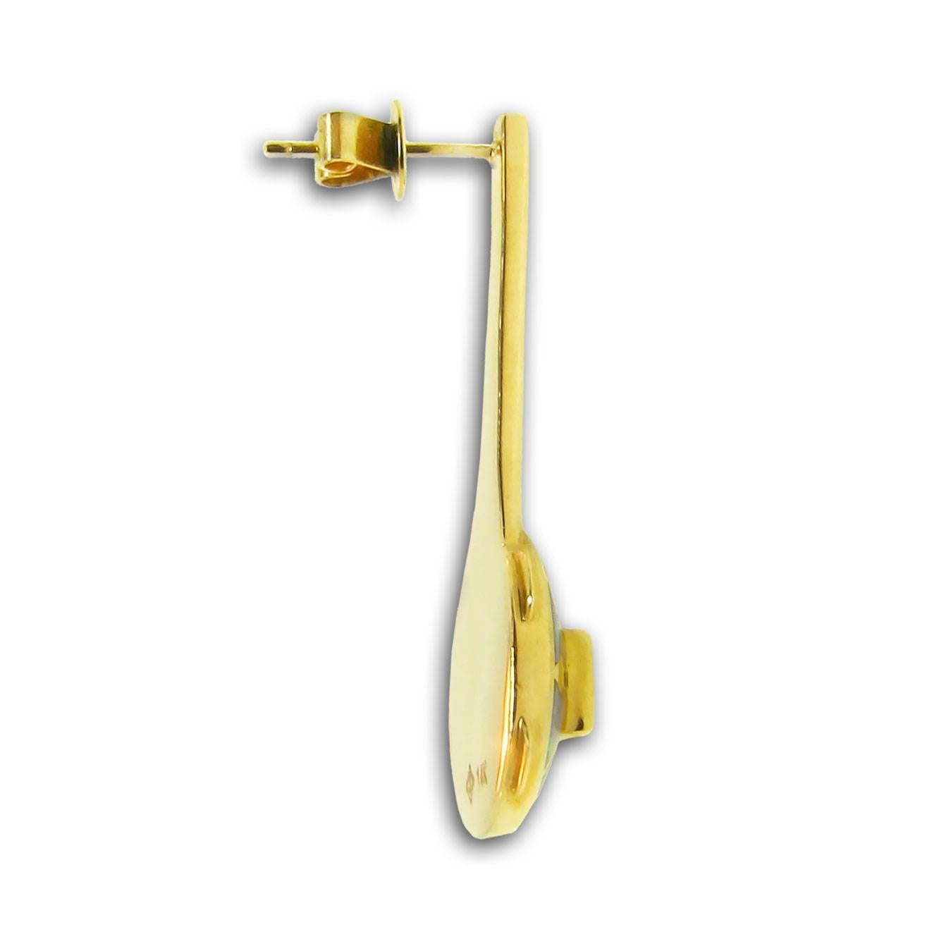 Sparkling Australian Opal Blue Topaz 14 Karat Yellow Gold Pendulum Earrings In New Condition For Sale In Santa Fe, NM