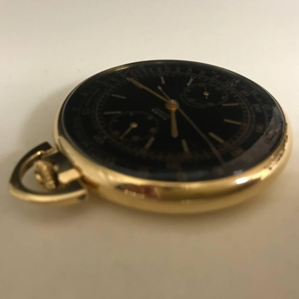 Rolex Chronograph Mono-Pusher Watch
Yellow Gold, 18 Carat 
Precise time
Dial with telemetric scale
Totalizer dial of minutes at 12 am
Matt black dial
High-end chronograph movement :  column wheel, flip-flop, pullback, polished by hand.
