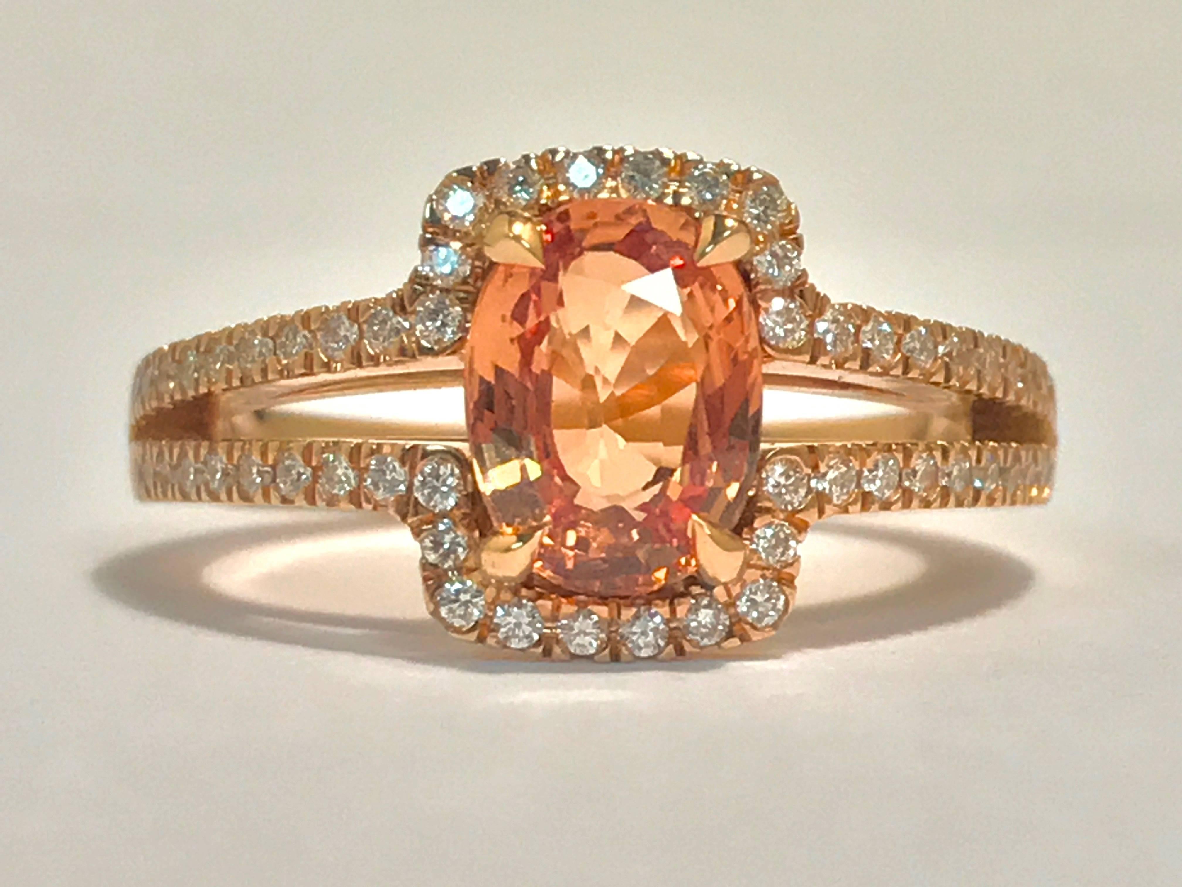 Beautiful and Timeless Orange Sapphire and Diamonds Engagement Ring.
Pink Gold 18 Carat
Sapphire
Diamonds 0,26 Carat Form Brillants Color F/G 
Size : 52,5