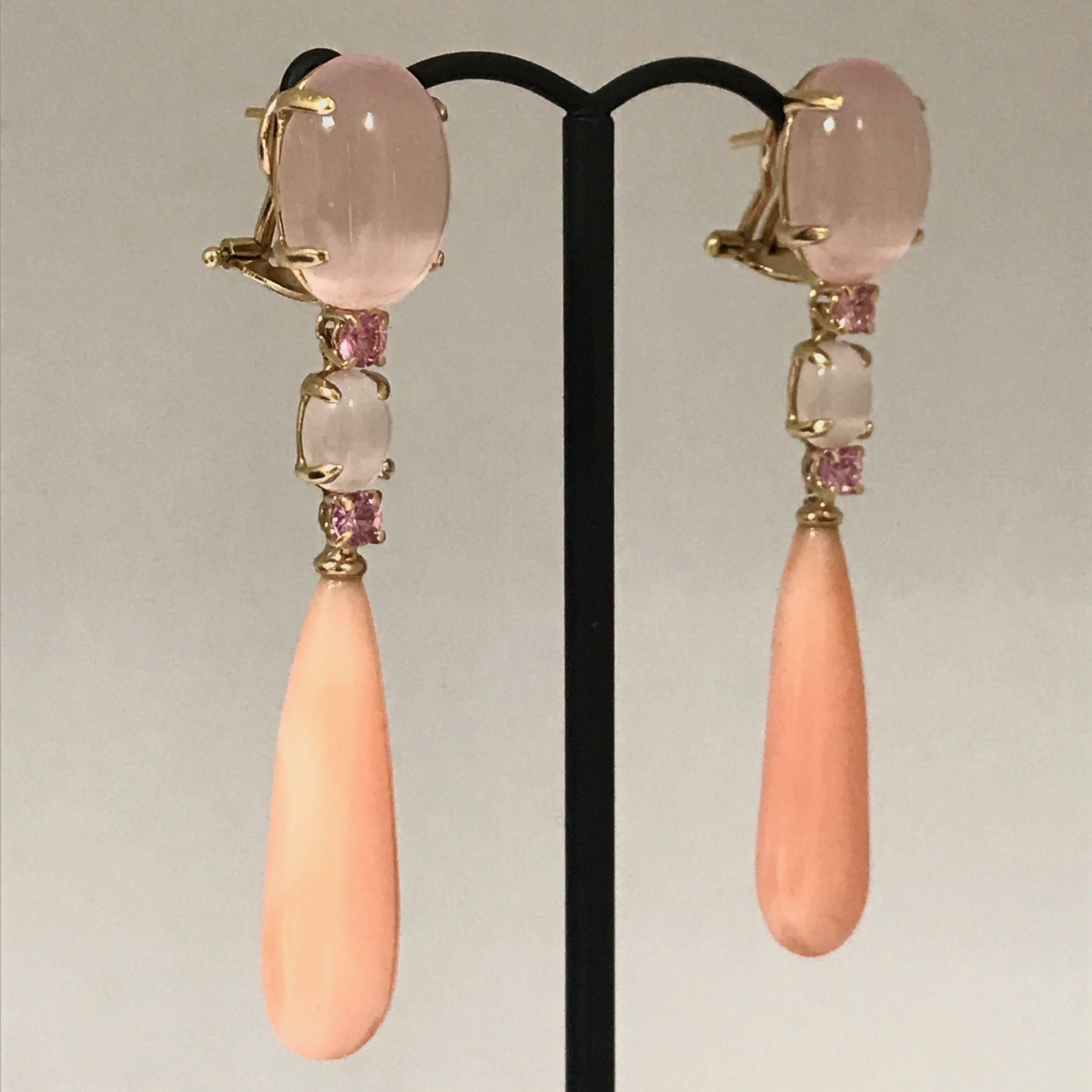 Brilliant Cut Coral Pink Quartz and Pink Sapphires Yellow Gold Earrings For Sale
