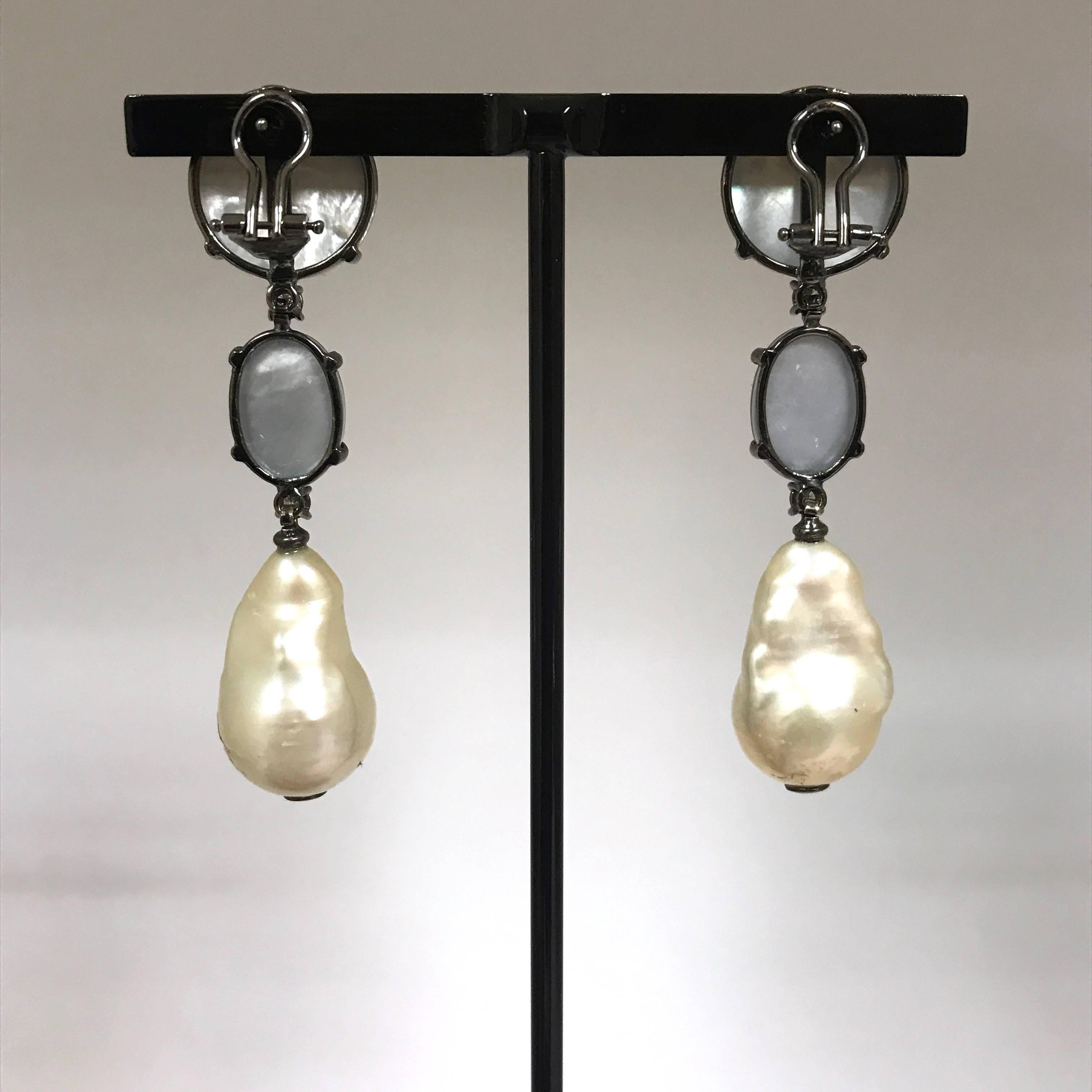 Women's Cultured Pearls Smoky Quartz and White Diamonds Black Gold Drop Earrings