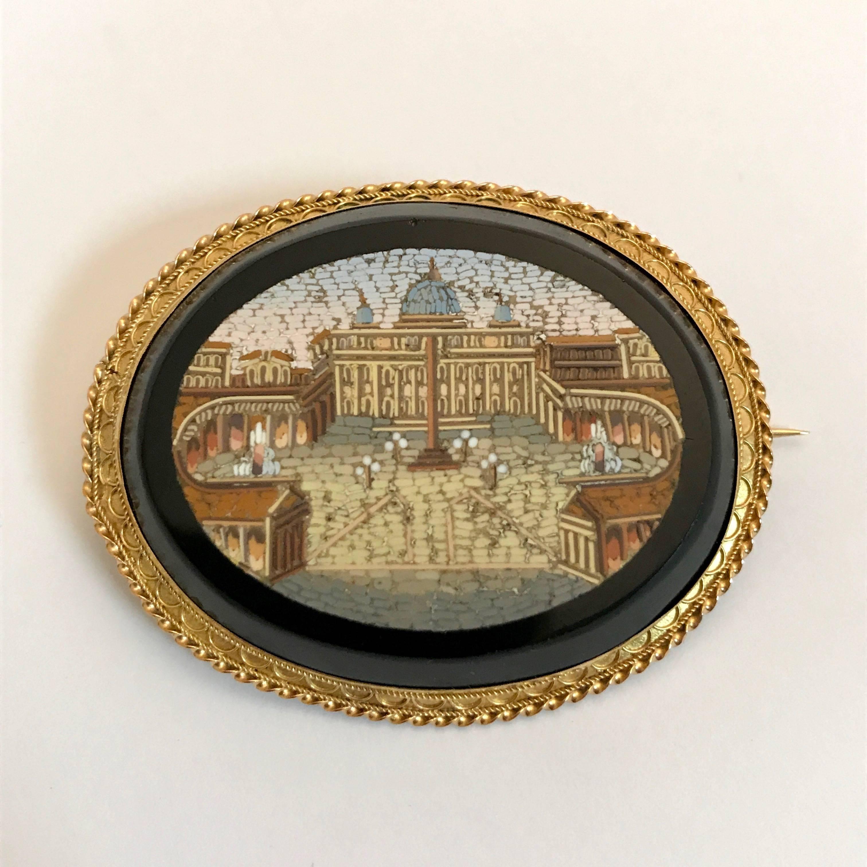 Women's or Men's Micro-Mosaic St. Peter's Square Rome Agate and Yellow Gold Brooch