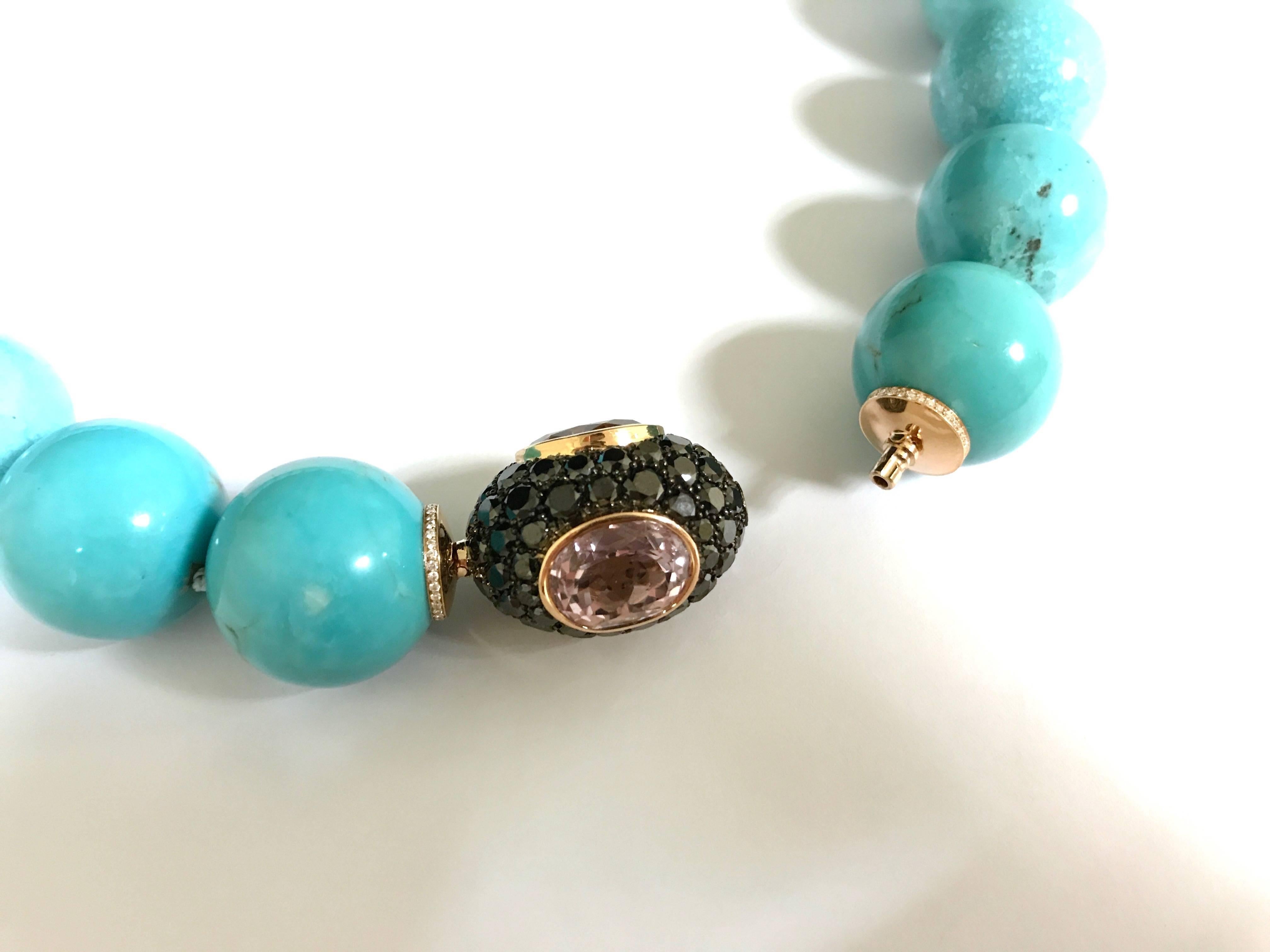 Pink Gold Turquoises Kunzite Black and White Diamonds Necklace In New Condition In Vannes, FR