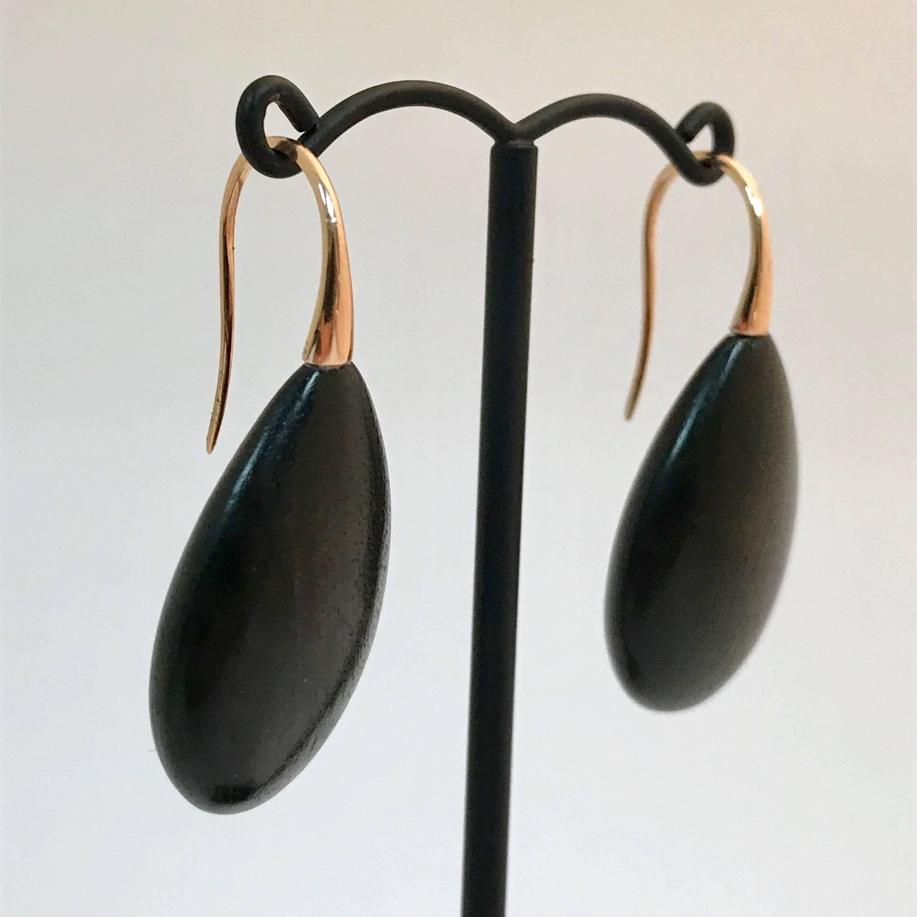 Ebony Wood and Rose Gold 18 Carat Drop Earrings In New Condition In Vannes, FR