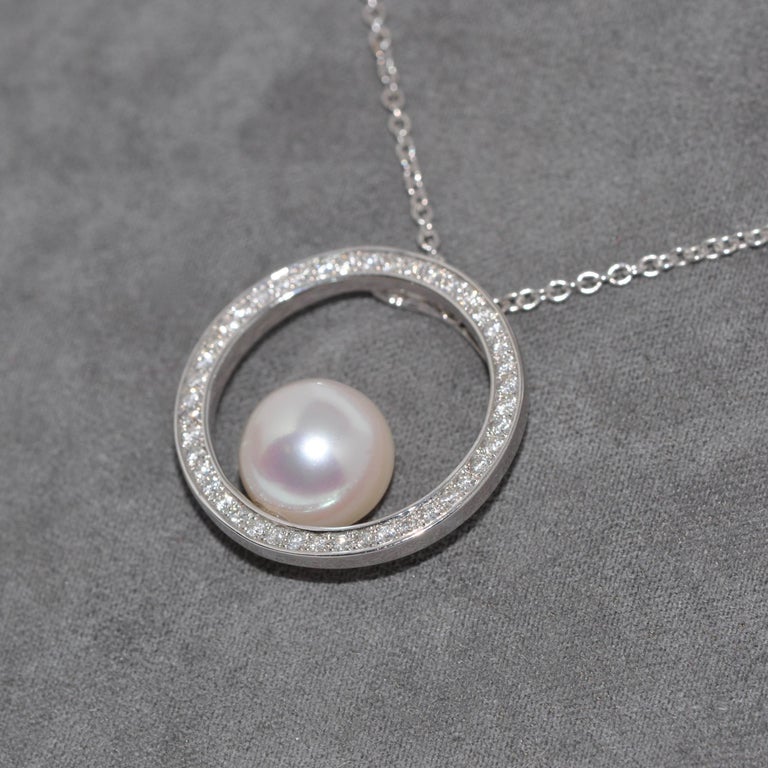 Cultured Pearl and White Diamonds on White Gold Chain Balanced Pendant ...