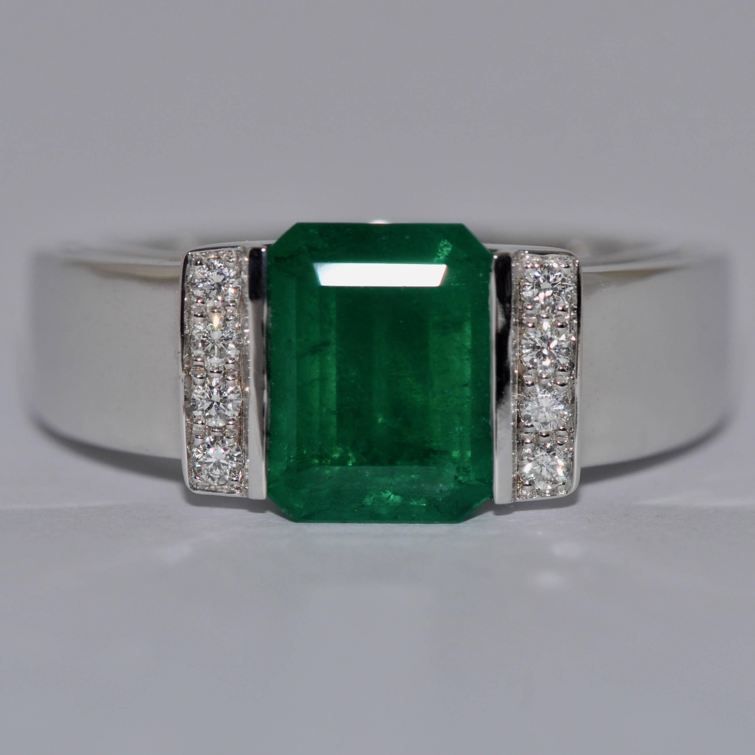 Emerald Cut Emerald and Diamonds White Gold Engagement Ring