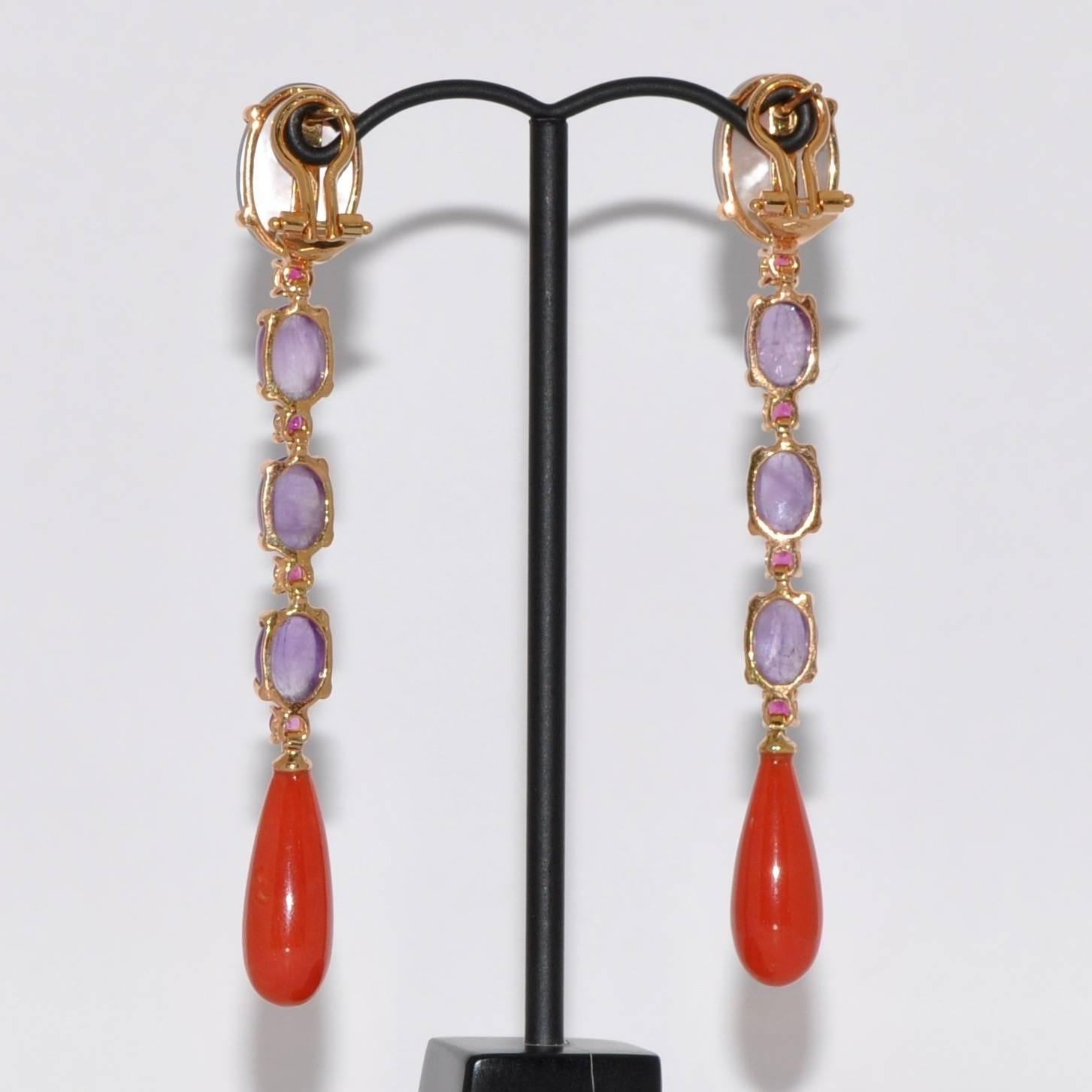 Coral, Garnet, Amethyst and Ruby on Yellow Gold Chandelier Earrings In New Condition In Vannes, FR