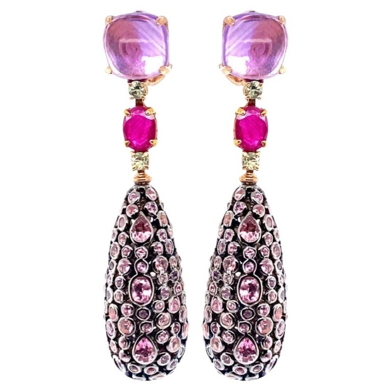 18K Yellow Gold Sapphire Ruby and Tourmaline Sleeper Earrings For Sale