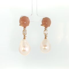 Peach Moonstone Diamonds and Cultured Pearls Yellow Gold Earrings