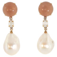 Peach Moonstone Diamonds and Cultured Pearls Yellow Gold Earrings