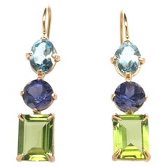 Boucles d'oreilles Topaze Iolite Péridot Or Rose 18 Carats
