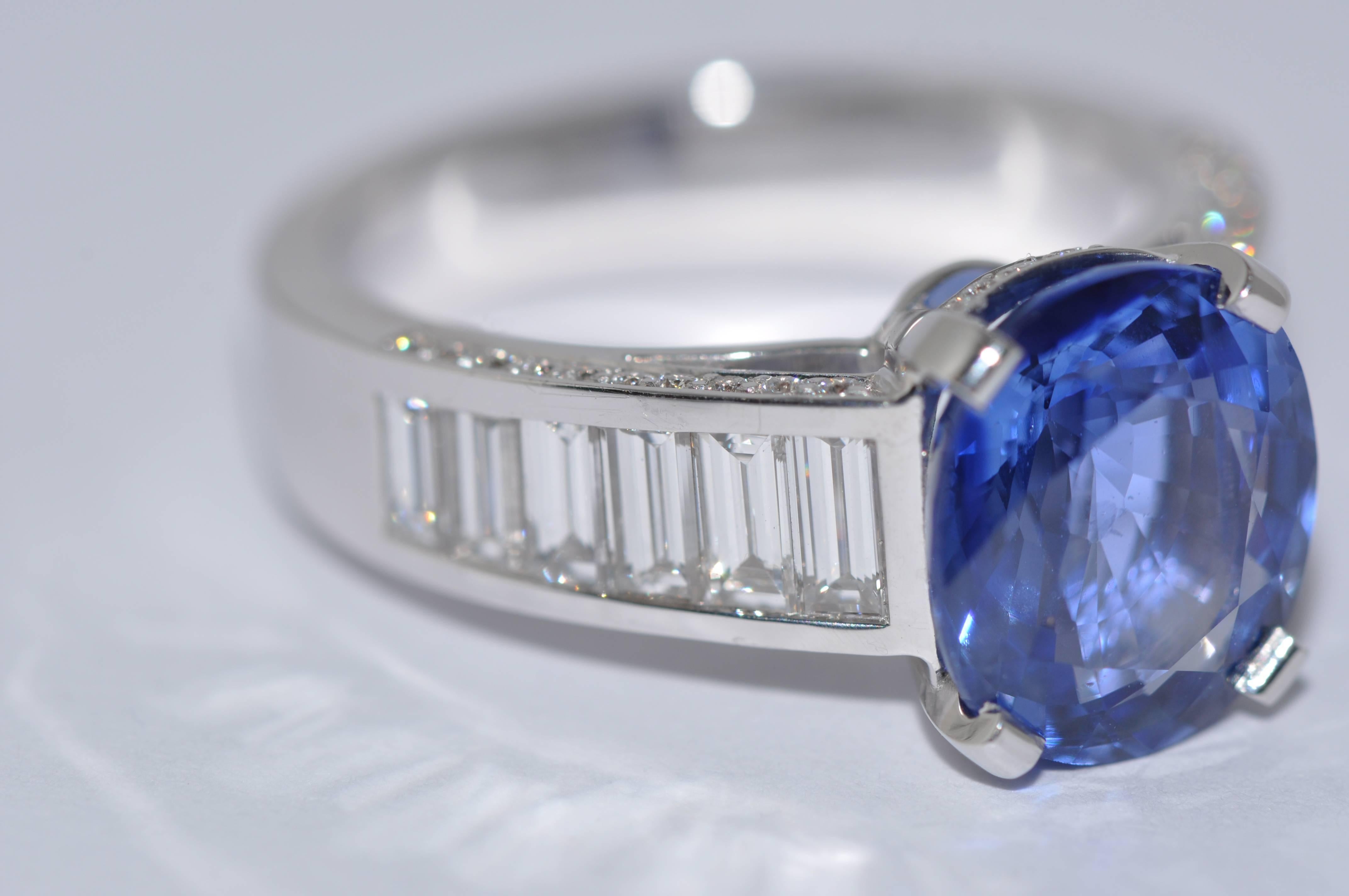 Modern Sapphir Ceylon Baguette Diamonds Craftsman Ring