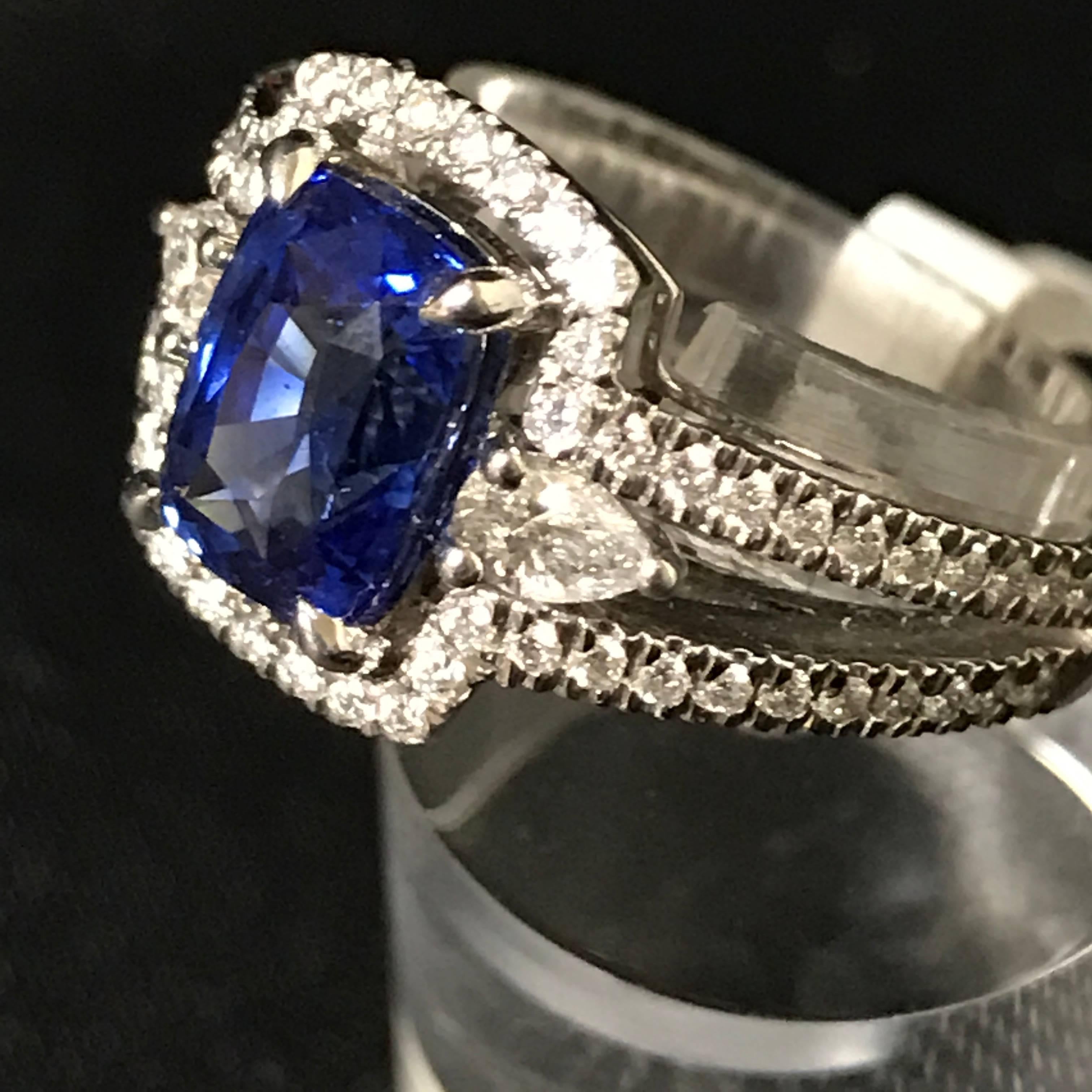 Women's Cushion Ceylon Sapphire Pear Shaped Diamonds White Gold Ring