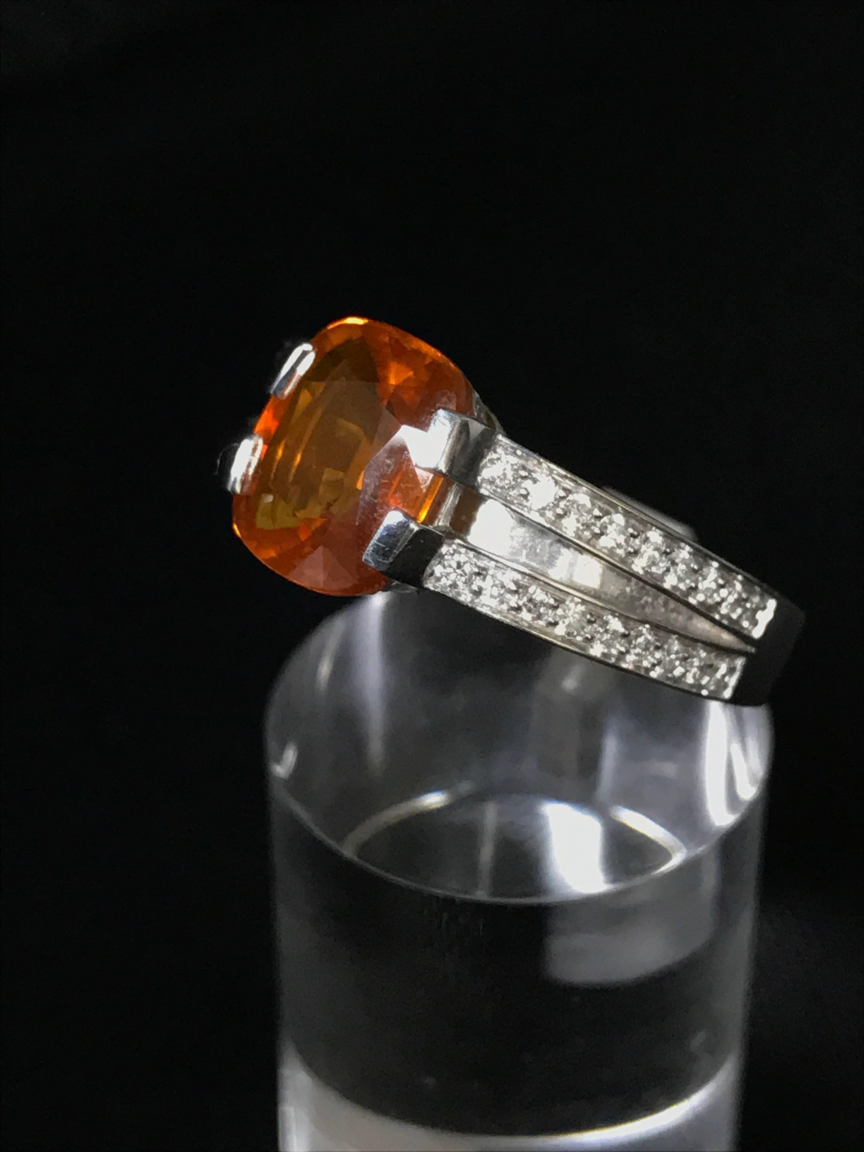 Cushion Cut Orange Sapphire Diamonds and White Gold Ring with a Certificate.