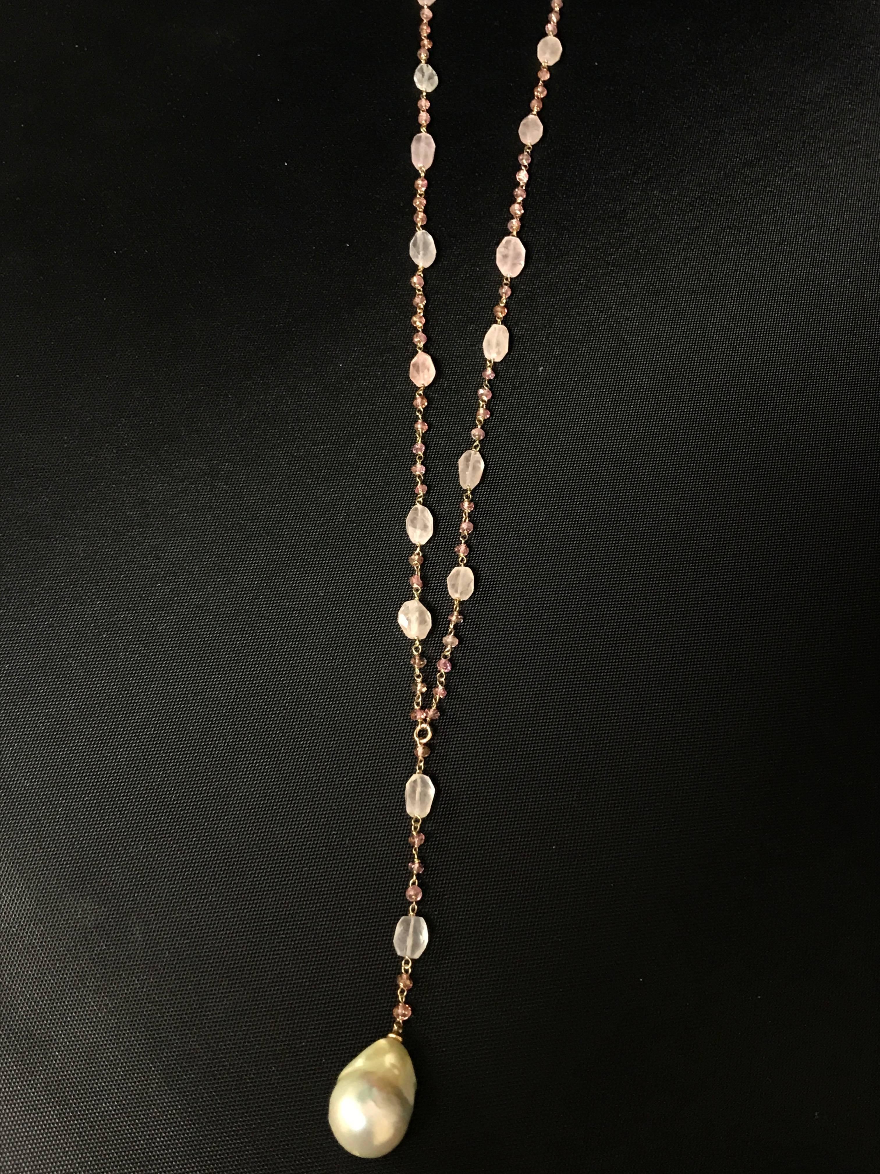 Women's Pink Topaze Cultured Pearl Smoky Quartz ans Pink Gold Pendant Necklace