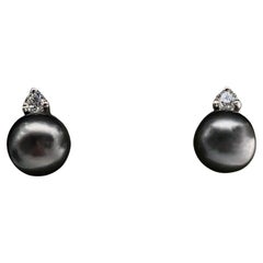 Tahitian Pearl and Diamond Stud Earrings in 18K White Gold