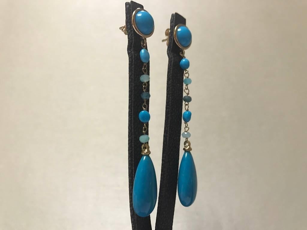 Turquoise and Amazonite Yellow Gold Earrings In New Condition In Vannes, FR
