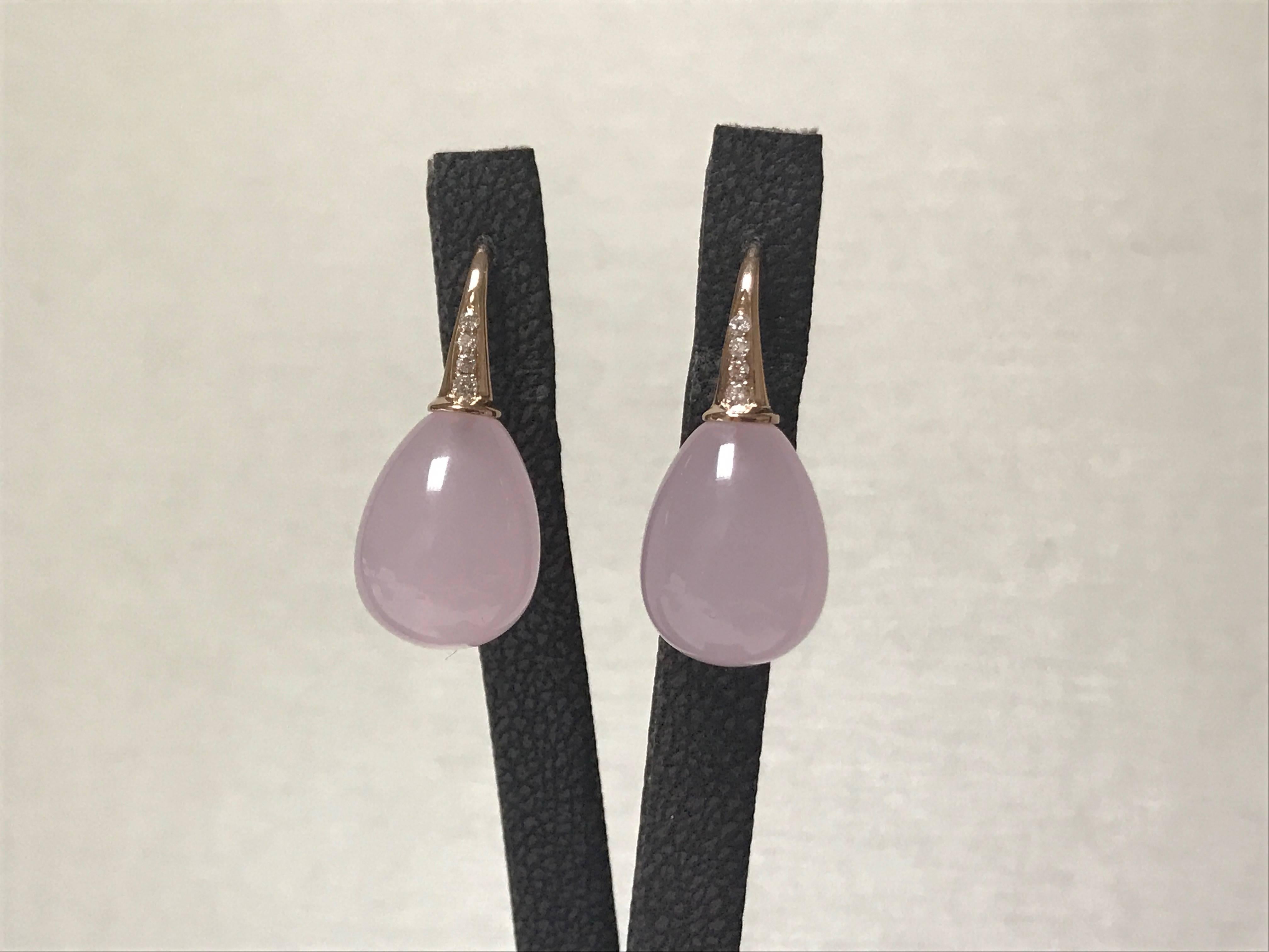 Pink Quartz and Diamonds Pink Gold Drop Earrings In New Condition In Vannes, FR