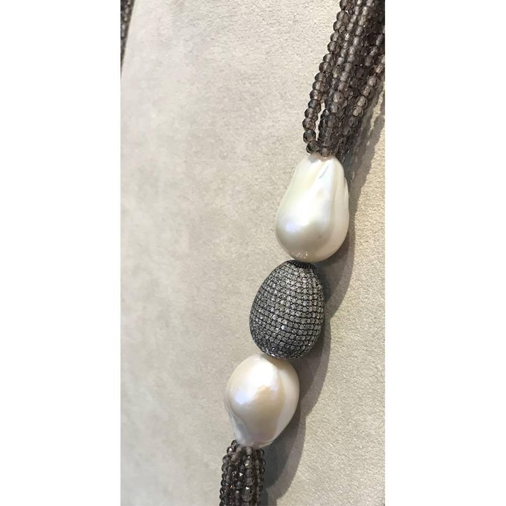 Sterling Silver Smoky Quartz Diamonds and Pearls Necklaces In New Condition In Vannes, FR