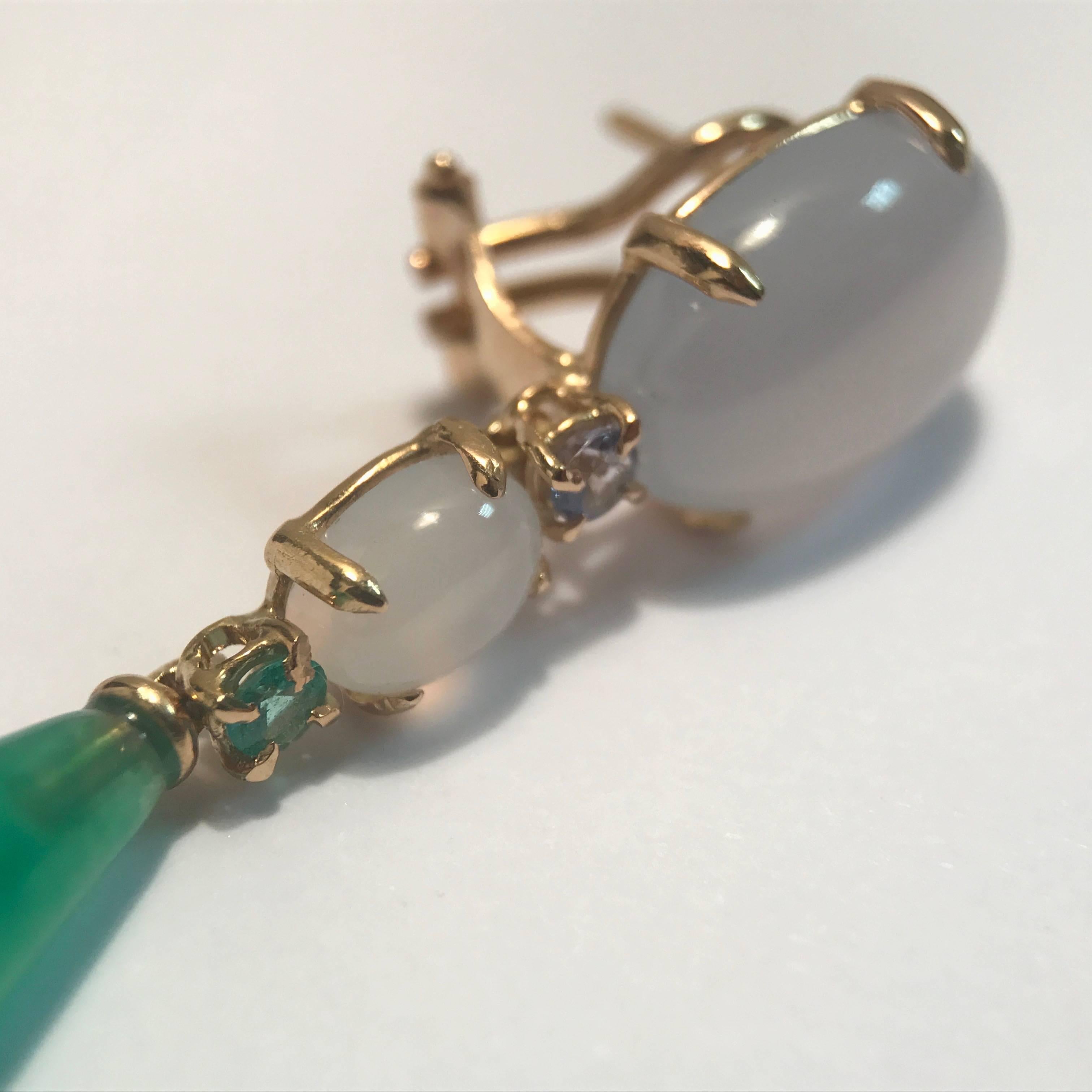 Yellow Gold, Jade, Tanzanite, Chalcedony and Emerald Chandelier Earrings In New Condition In Vannes, FR