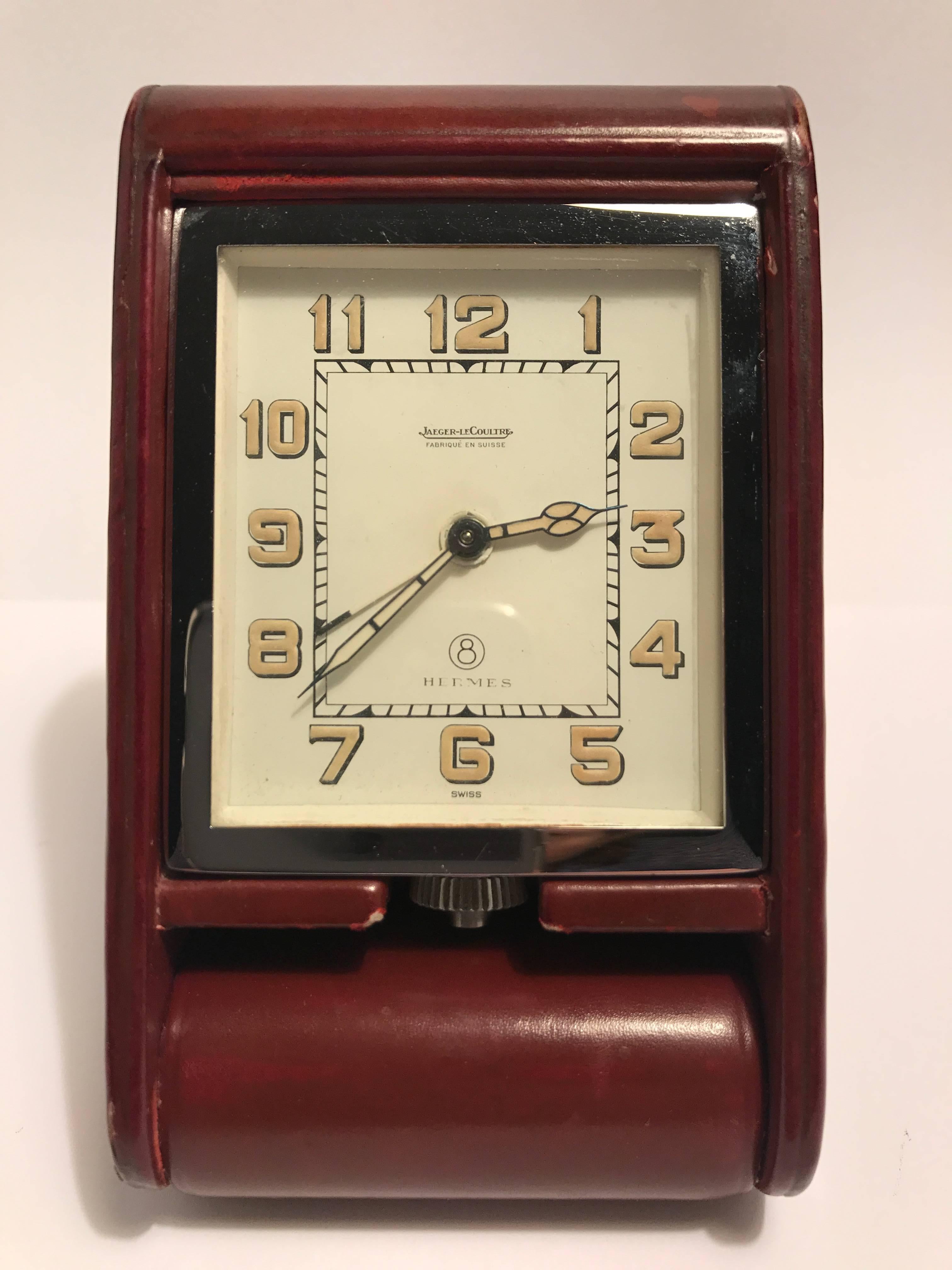 Timeless Travel Clock Hermès by Jaeger LeCoultre Circa 1950.
8 days winding
Red leather