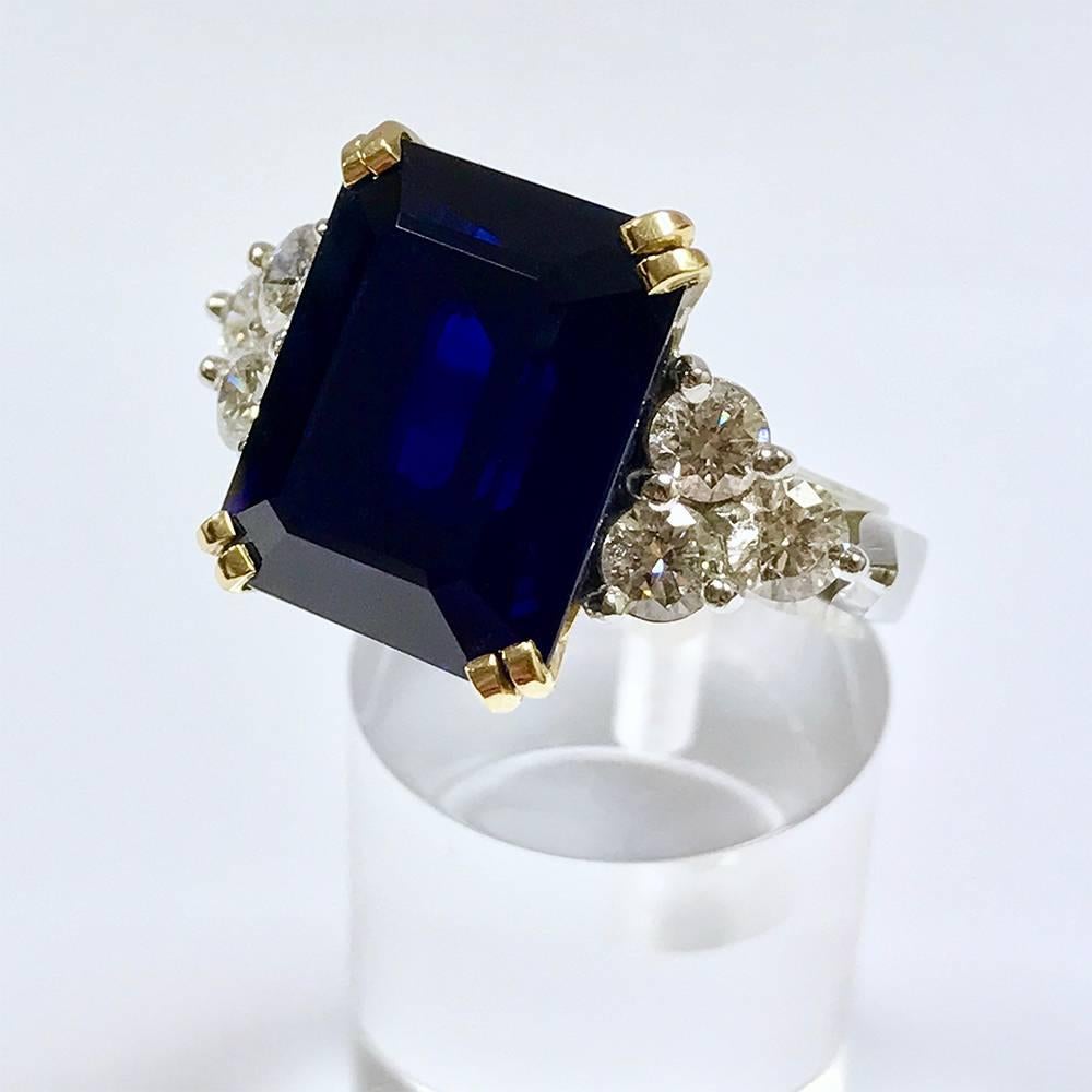 Art Deco Ceylon Sapphire Diamonds White and Yellow Gold Ring