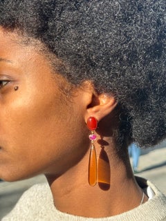 18K Rose Gold Red Agate Ruby and Citrine Long Dangle Earrings