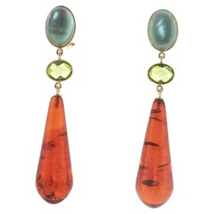 18K Yellow Gold London Blue Hydro Quartz Peridot Amber Long Dangle Earrings