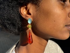 18K Yellow Gold London Blue Hydro Quartz Peridot Amber Long Dangle Earrings